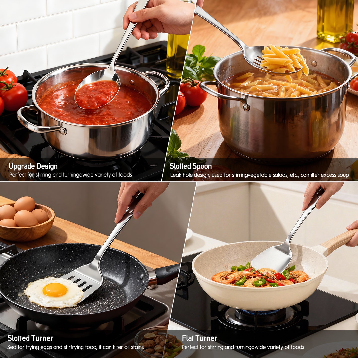 4 Pcs Cooking Utensils Set, TAIMASI Stainless Steel Kitchen Utensils, Kitchen Tools Set Include Solid & Slotted Turner Wok Spatula, Serving Spoon, Home Essentials Kitchen Gadgets Accessories