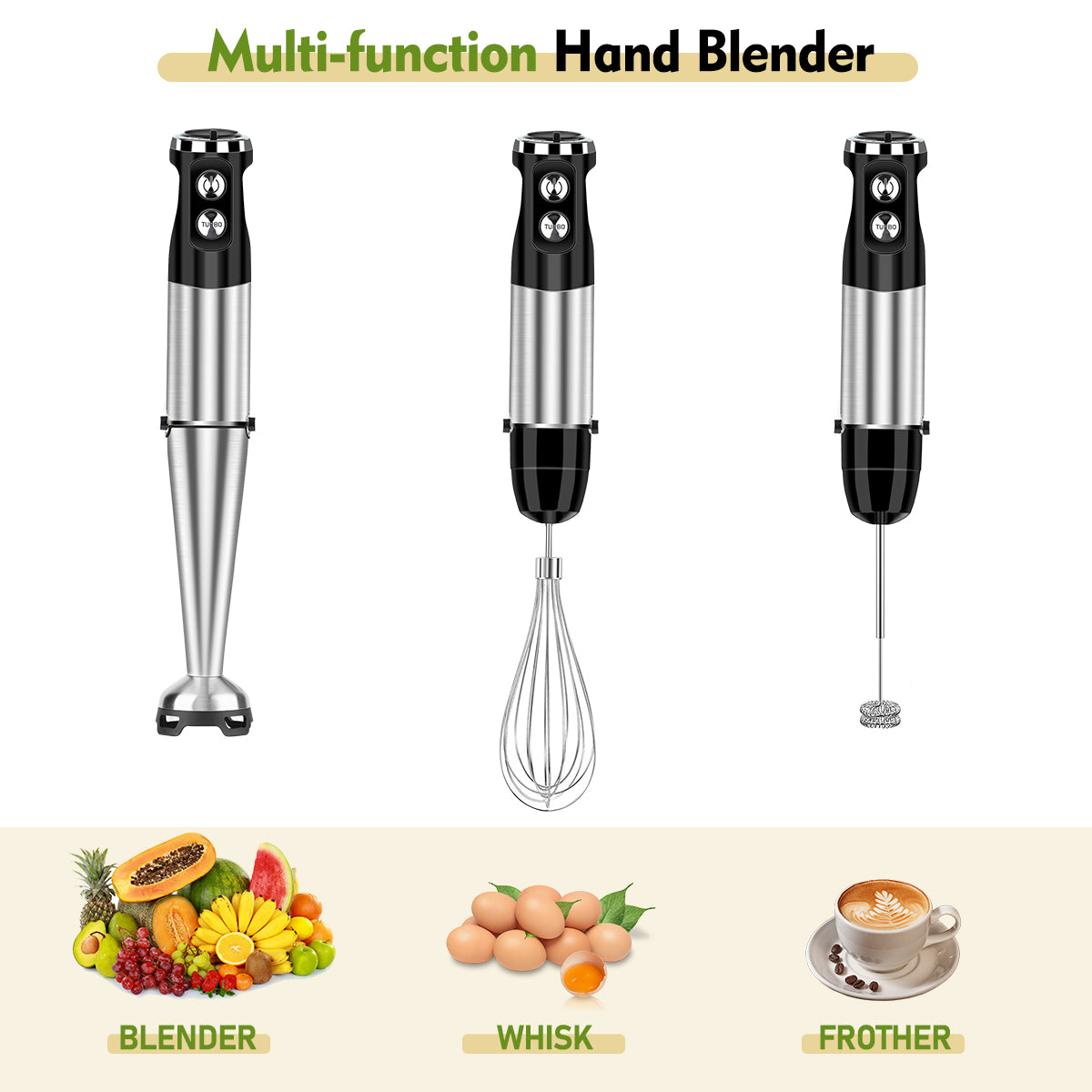 Immersion Handheld Blender Hand Blender, AOKIWO 3 in 1 Rechargeable Electric Hand Blender 12 Variable Speed Stick Blender with Whisk and Frother for Smoothies, Soup, Baby Food