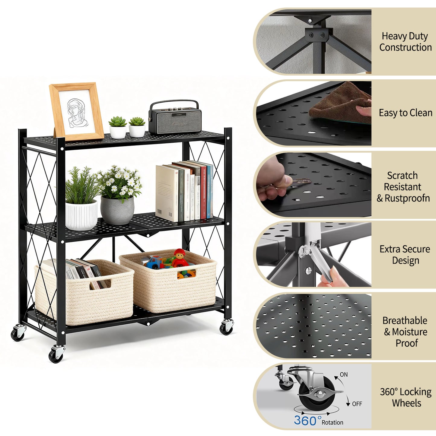 TAIMASI 3-Tier Foldable Metal Storage Shelf with Wheels, Heavy-Duty Rolling Wire Rack for Garage, Kitchen, Basement, Pantry, 27.75''L x 13.38''W x 34.44''H-Black