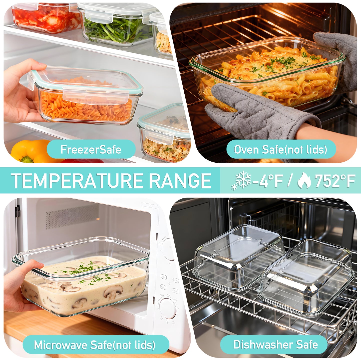 4 Pcs Glass Food Storage Containers Set, 8 Cup/63 Oz Baking Containers with Leak-Proof Lids (2 containers + 2 Lids), Meal Prep, Lunch Box, Light Green