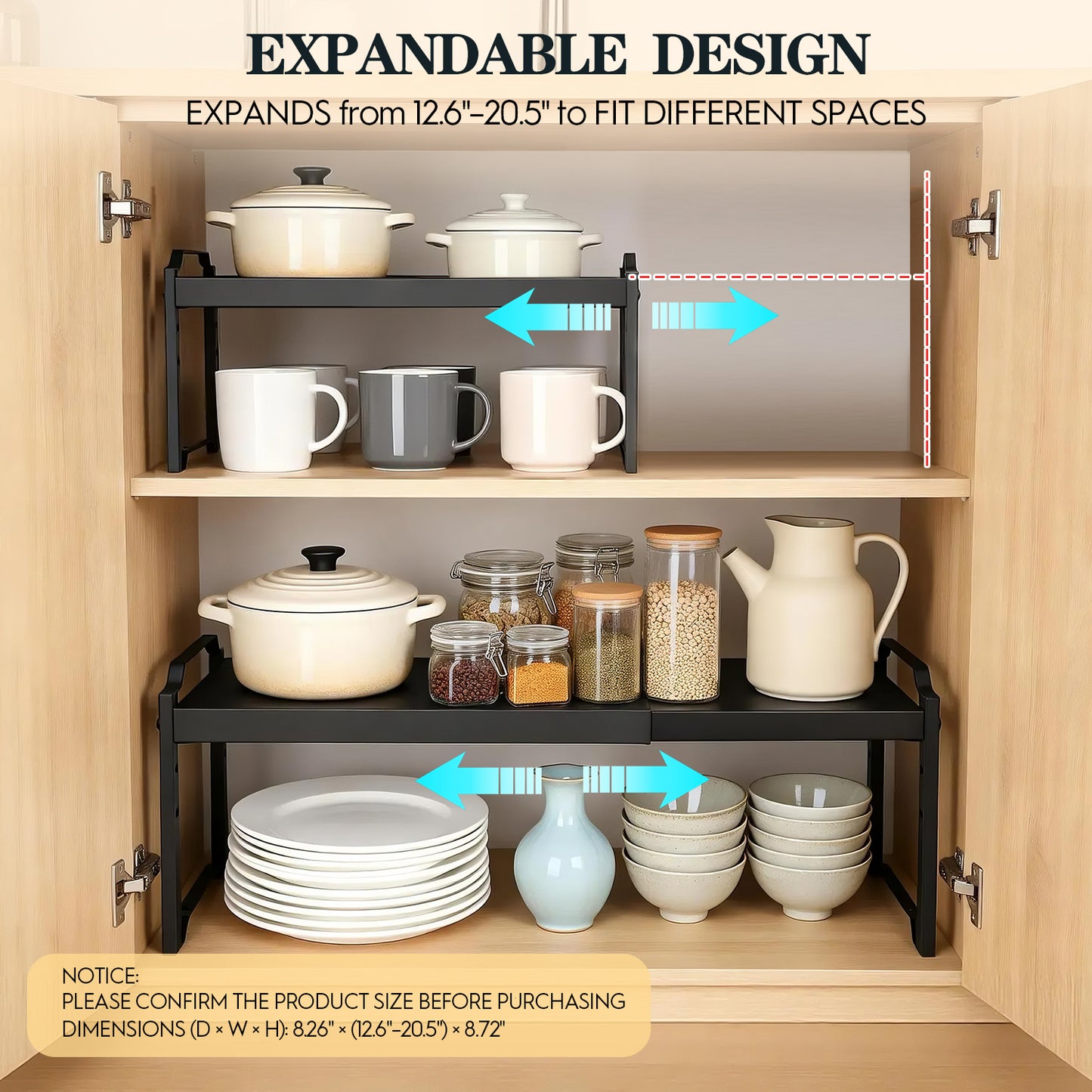 2 Pack Expandable Cabinet Organizer Shelves, Stackable Kitchen Countertop and Pantry Storage, Adjustable Cupboard Shelf Rack, Length 20.5"
