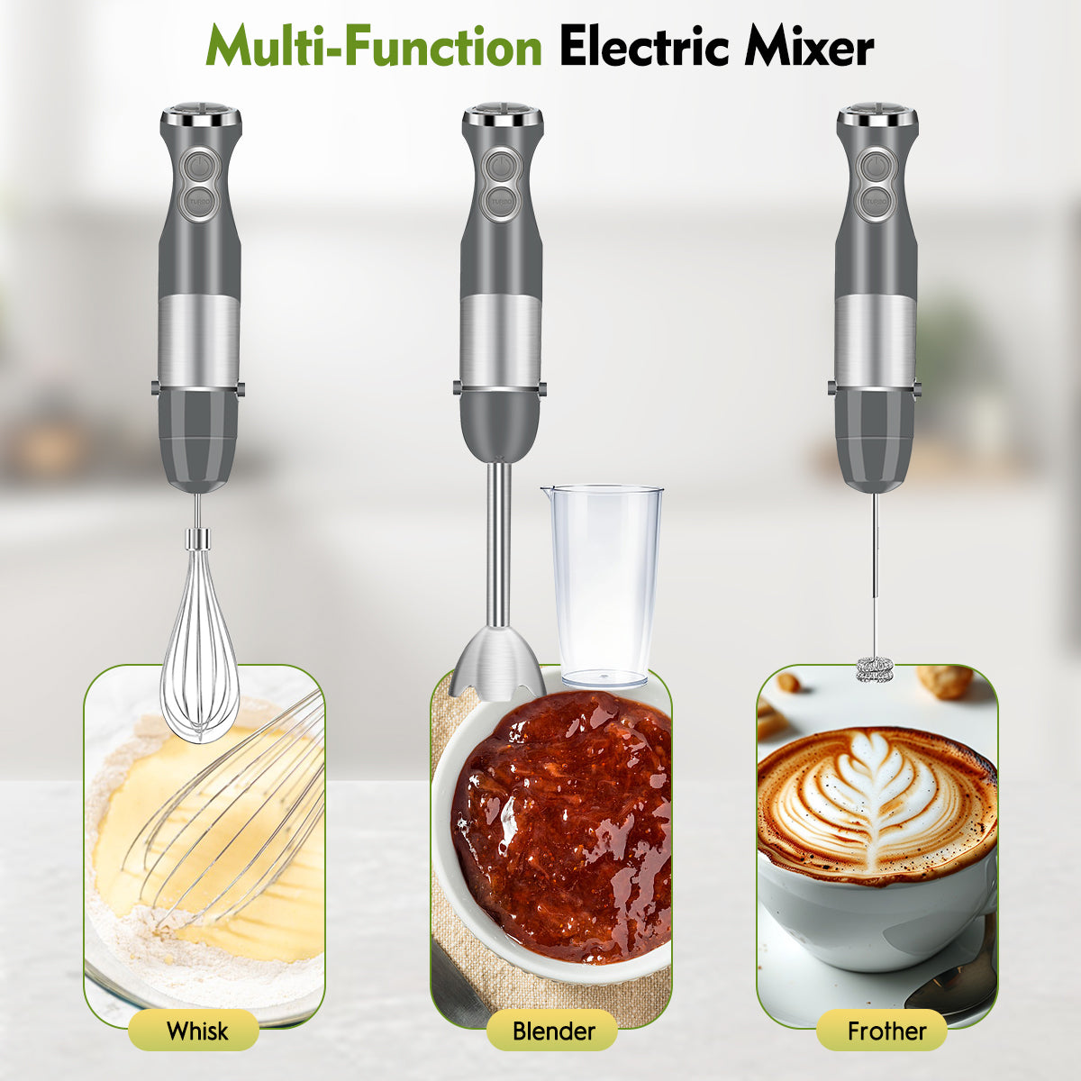 Immersion Blender Handheld, AOKIWO 3-in-1 Hand Blender 12 Speed Turbo Mode Stick Blender, Kitchen Stainless Steel Hand Blender with Chopper, Milk Frother, Whisk for Baby Food, Soup