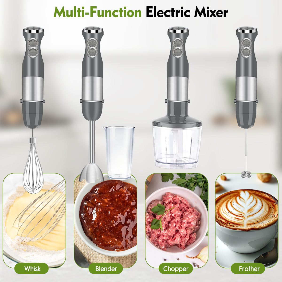 Immersion Blender Handheld, 5-in-1 Hand Blender 12 Speed Turbo Mode Stick Blender, Baby Food Processor with Chopper, Milk Frother, Whisk, Chopper, Beaker, Kitchen Stainless Steel Hand Blender