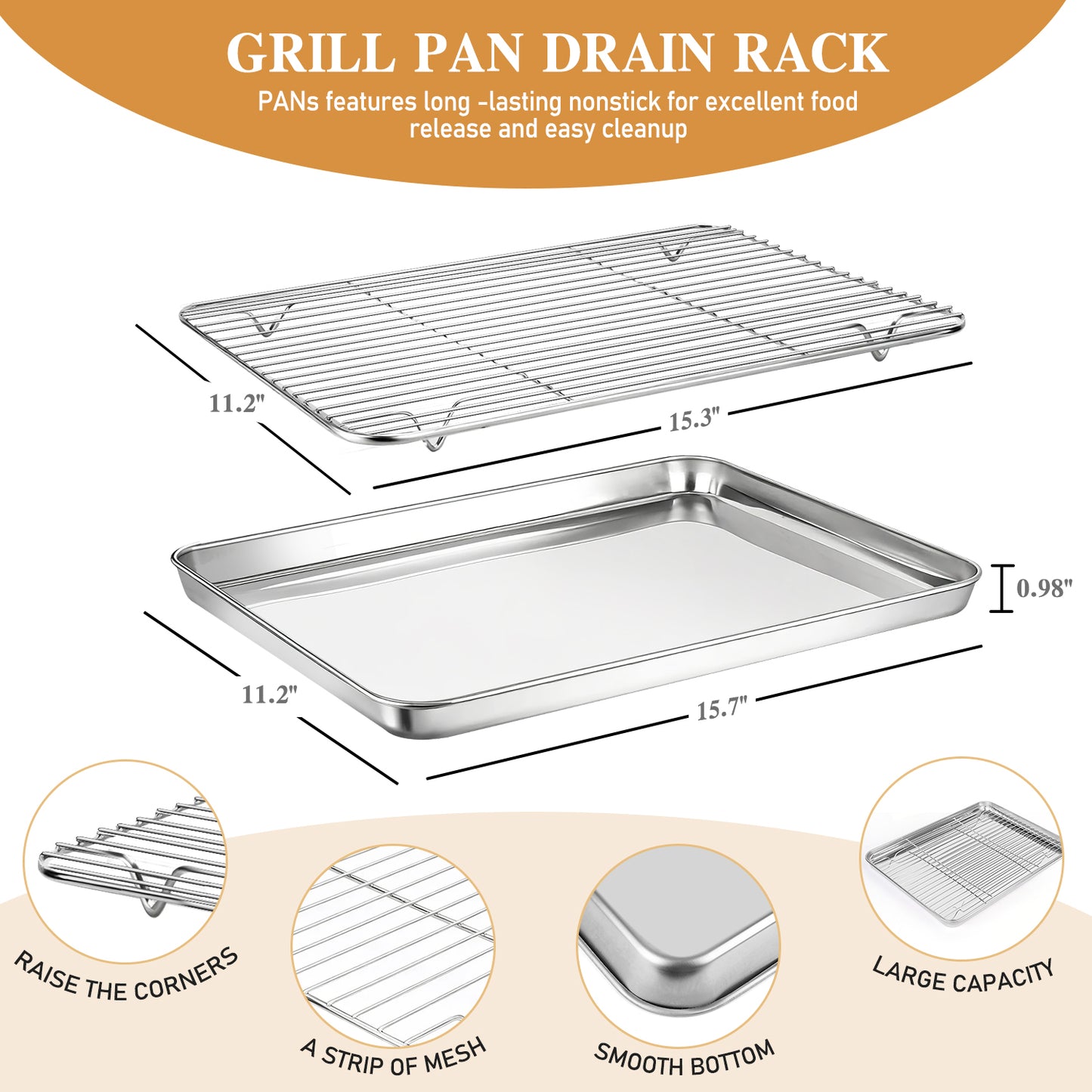 AOKIWO Baking Sheet with Rack Set (2 Pans + 2 Racks), Stainless Steel Baking Pan Cookie Sheet with Cooling Rack, Air Fryer Basket for Baking Grilling Frying