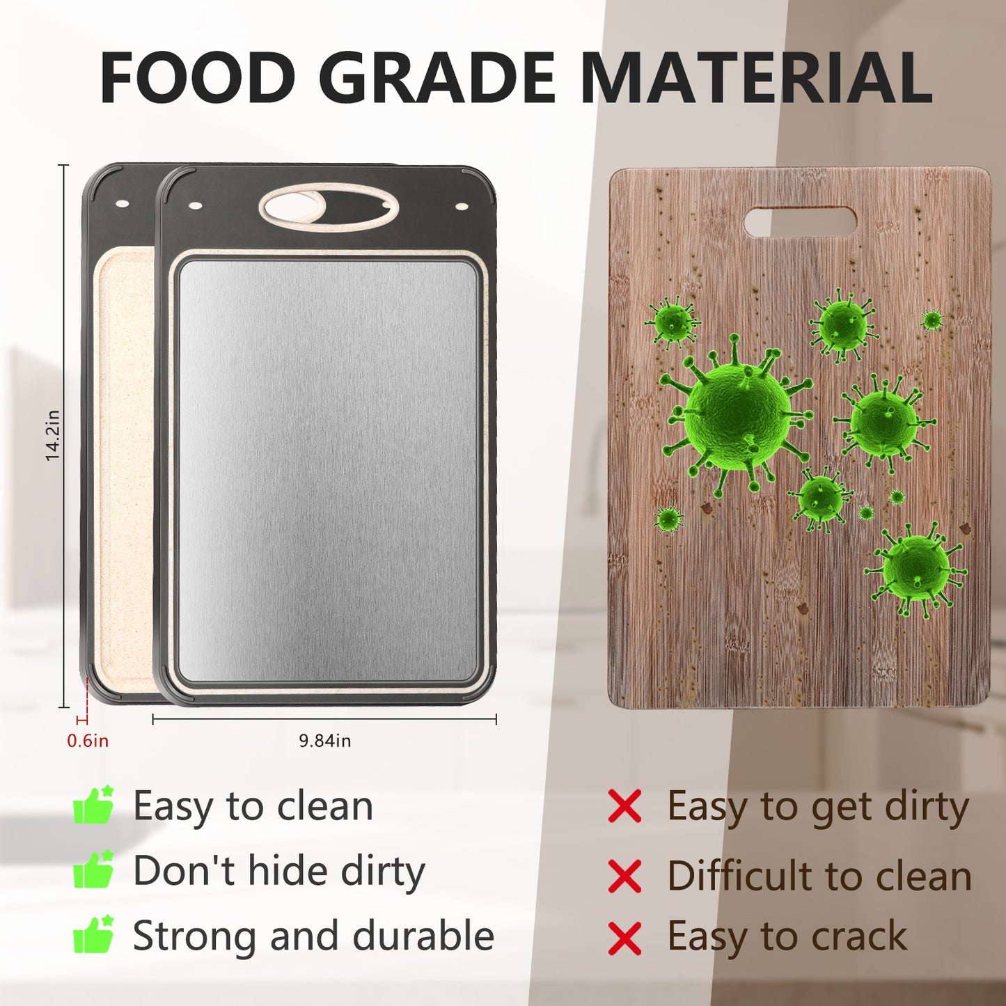 Cutting Board for Kitchen, AOKIWO Double Sided 304 Stainless Steel & Wheat Straw Chopping Board, Small 14'' ×9.6'' Non Toxic Cutting Boards for Meat Vegetables, Easy to Clean