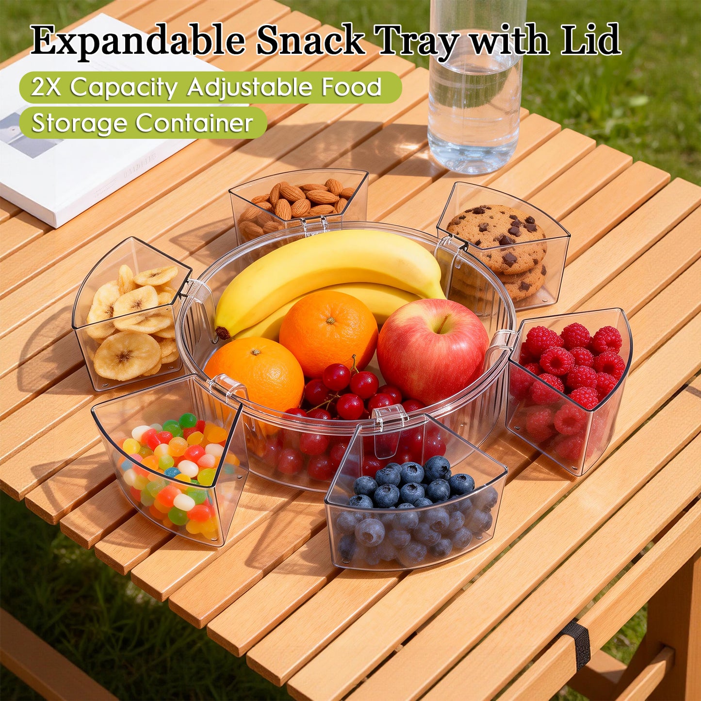 Snackle Box Container with Lid, Handle, Stackable Divided Serving Tray for Fruits Candy Organizer, Portable Spinning Rounded Veggie Tray for Kitchen, Party, Travel and Picnic, Clear