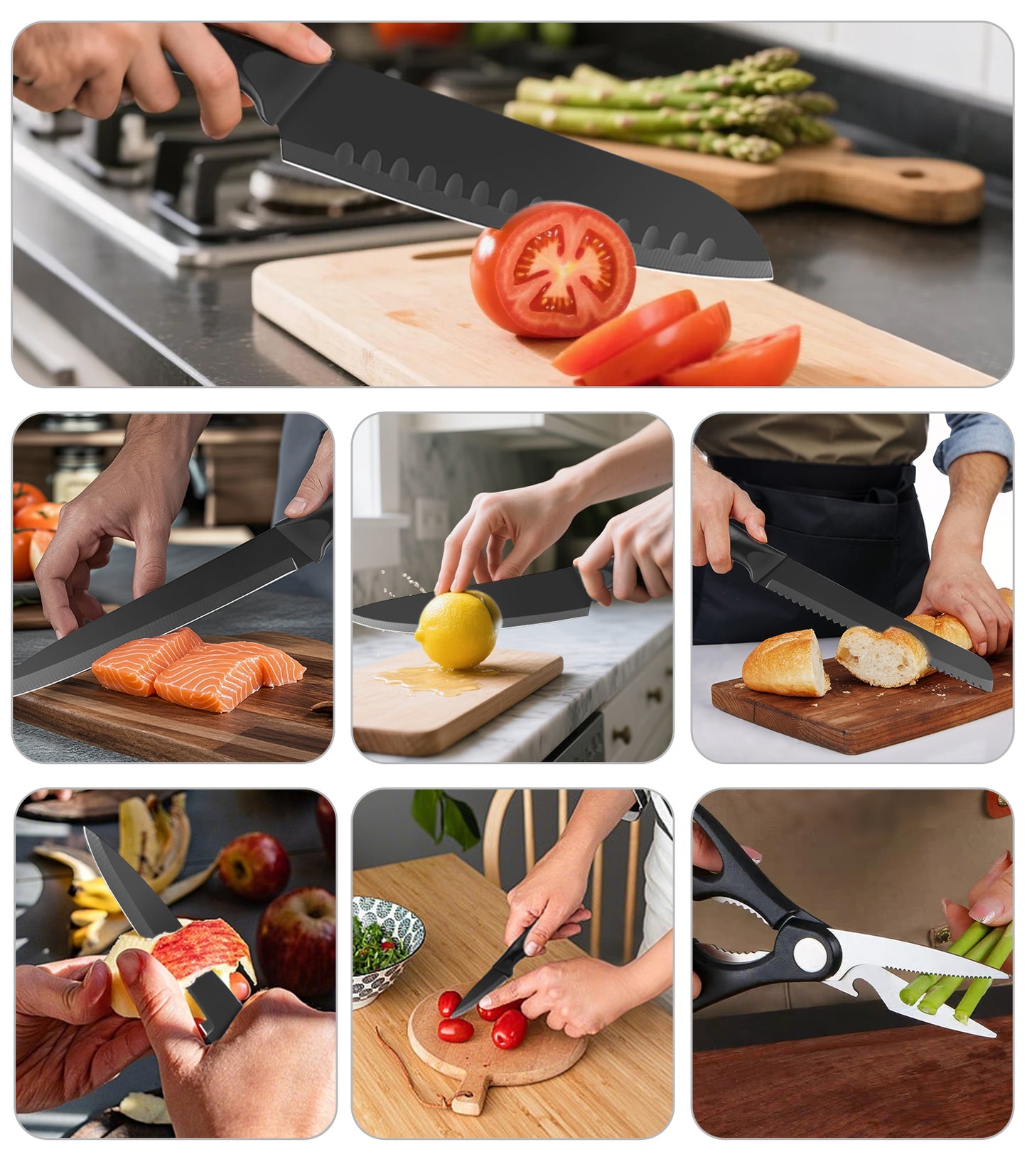 8-Piece Knife Set, AOKIWO Stainless Steel Professional Kitchen Knife Set for Chef, Kitchen Knives Set with Block, Dishwasher Safe (Black)