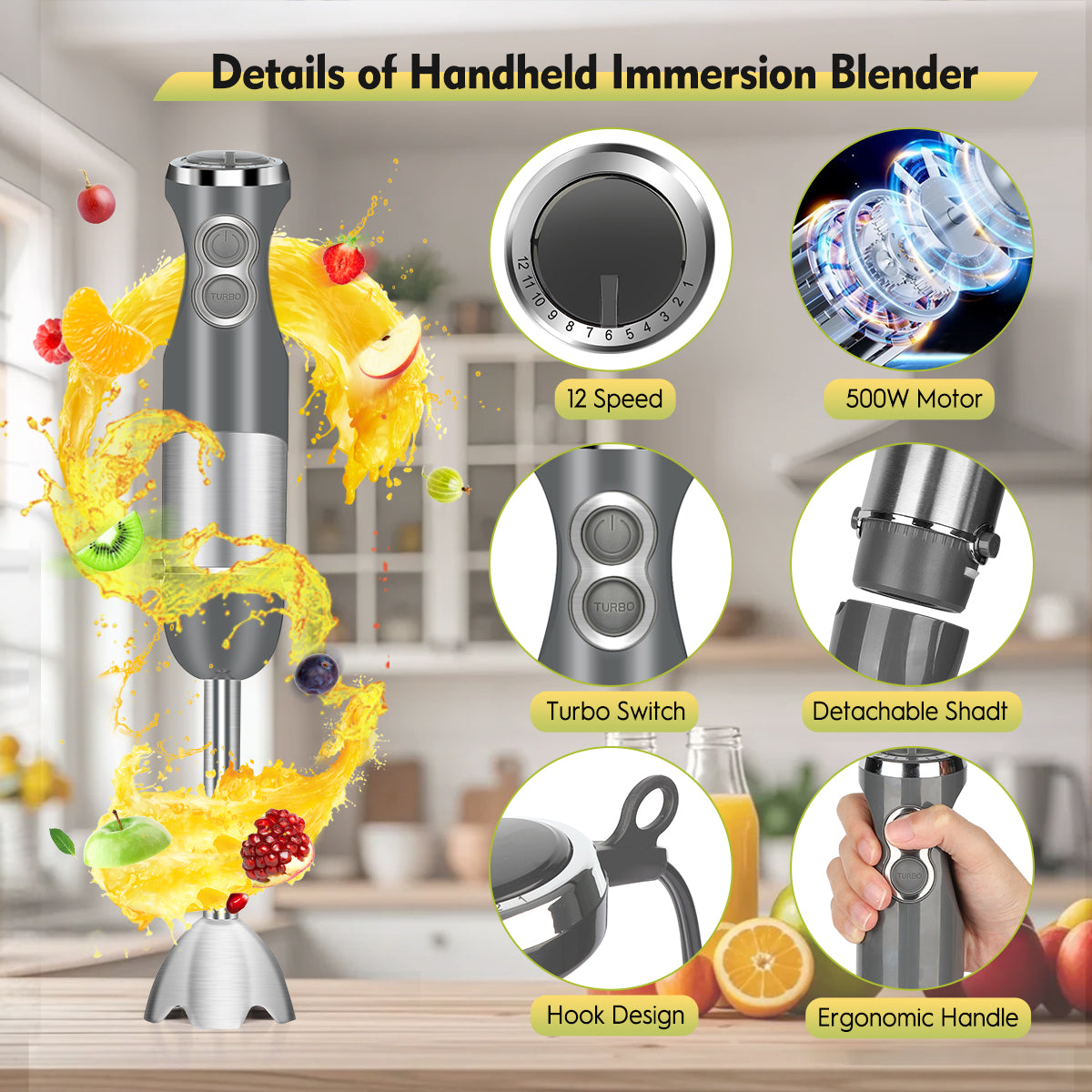 Immersion Blender Handheld, 5-in-1 Hand Blender 12 Speed Turbo Mode Stick Blender, Baby Food Processor with Chopper, Milk Frother, Whisk, Chopper, Beaker, Kitchen Stainless Steel Hand Blender