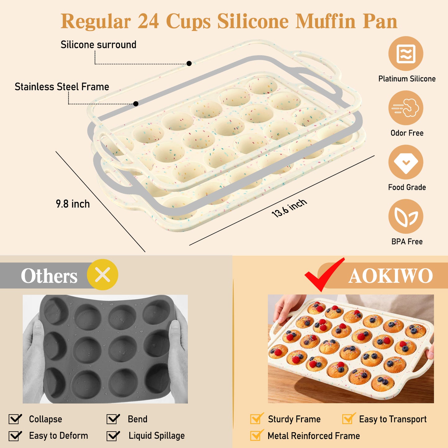 1 Pack Mini Silicone Muffin Pans for Baking, AOKIWO 24 Cups Silicone Cupcake Pan with Metal Reinforced Frame, Nonstick Baking Pan Molds for Homemade Muffins