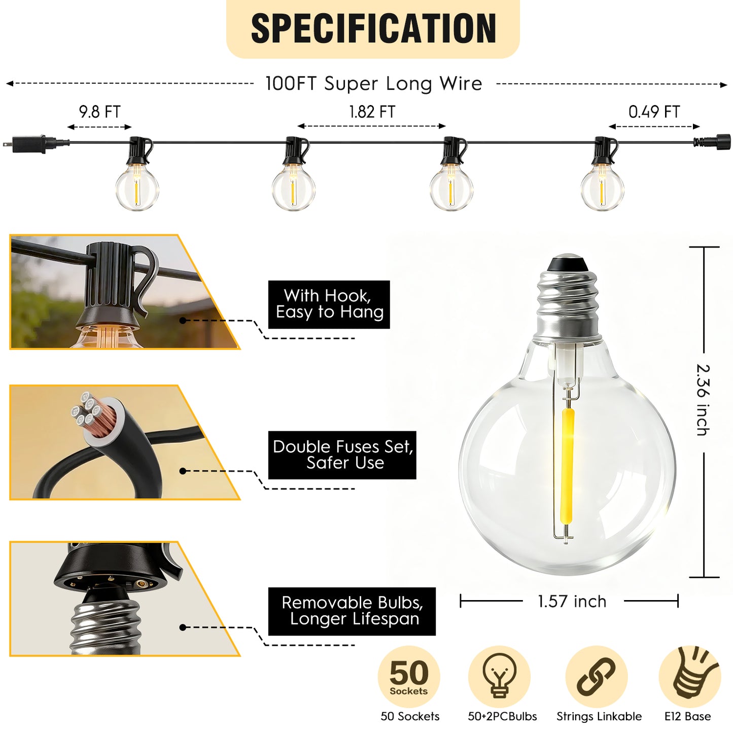 Mibote Outdoor String Lights, 100FT 50 G40 Bulbs Shatterproof Patio Lights,Waterproof,Dimmable ,Remote Control for Patio Garden