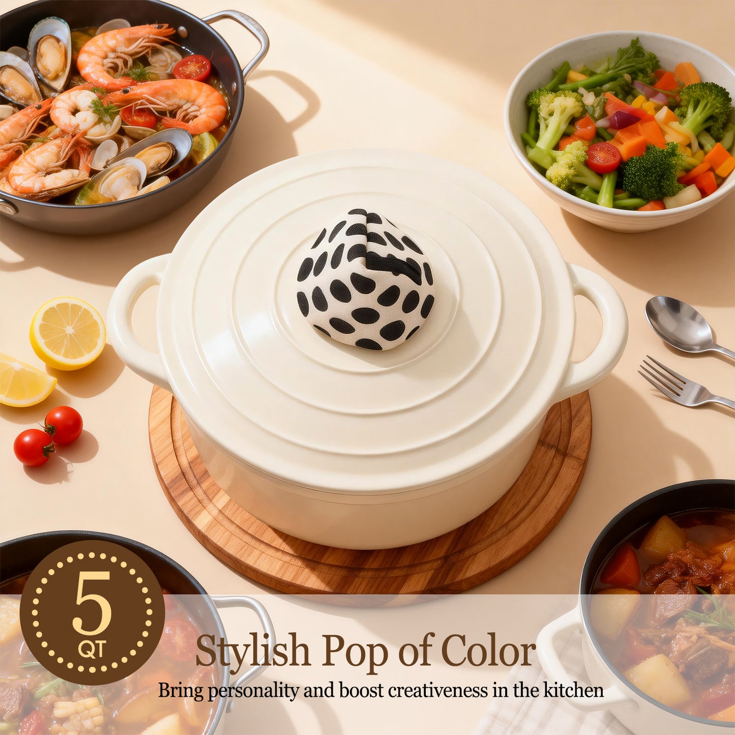 Enameled Cast Iron Dutch Oven, TAIMASI 5QT Dutch Oven Pot with Lid & Cotton Potholders, Heavy-Duty Cookware for Braising, Stews, Roasting, Bread Baking, All Stovetop Compatible (Cream White)