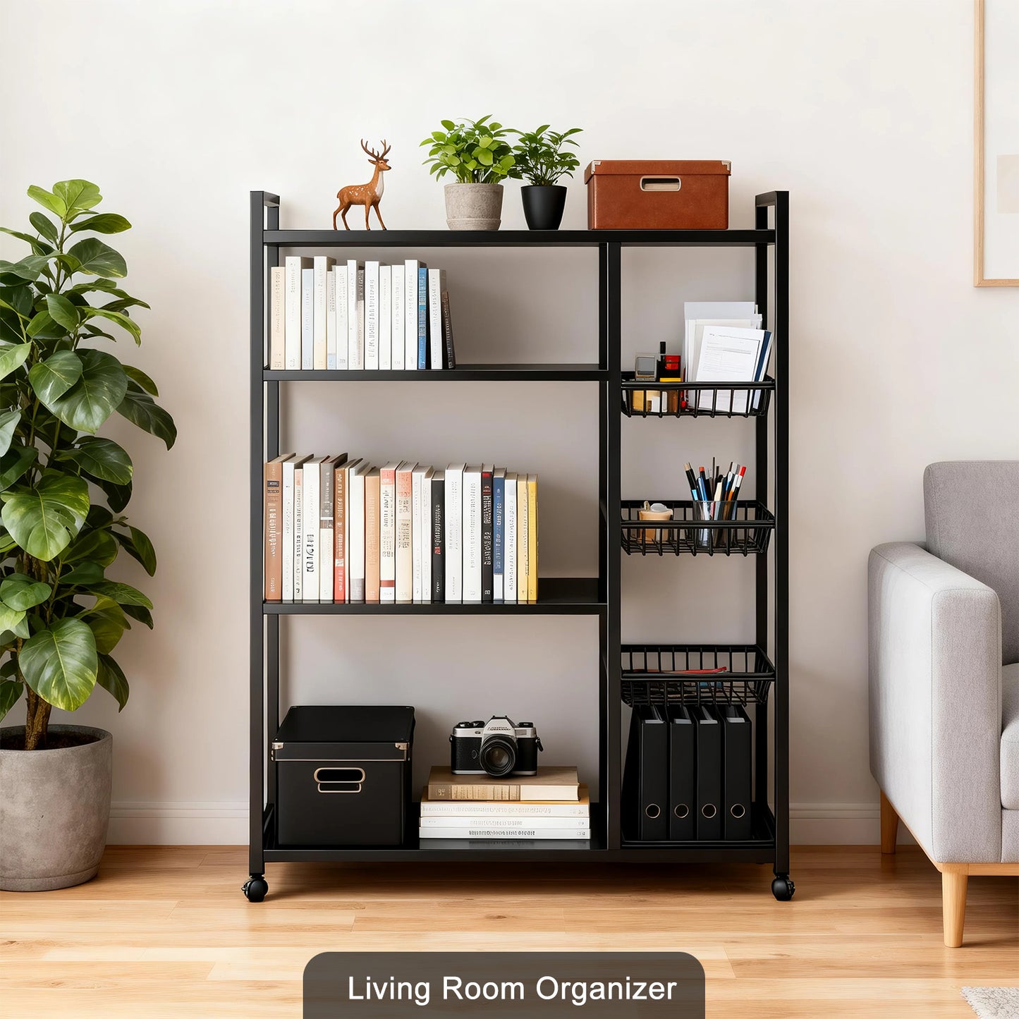 Movable Wire Rack, Heavy-Duty 4-Tier Storage Shelf with 4 Baskets and Wheels, Metal Shelves Organizer for Kitchen, Bathroom, Office, Garage, 39.37''L*12.59''W*53.14''H