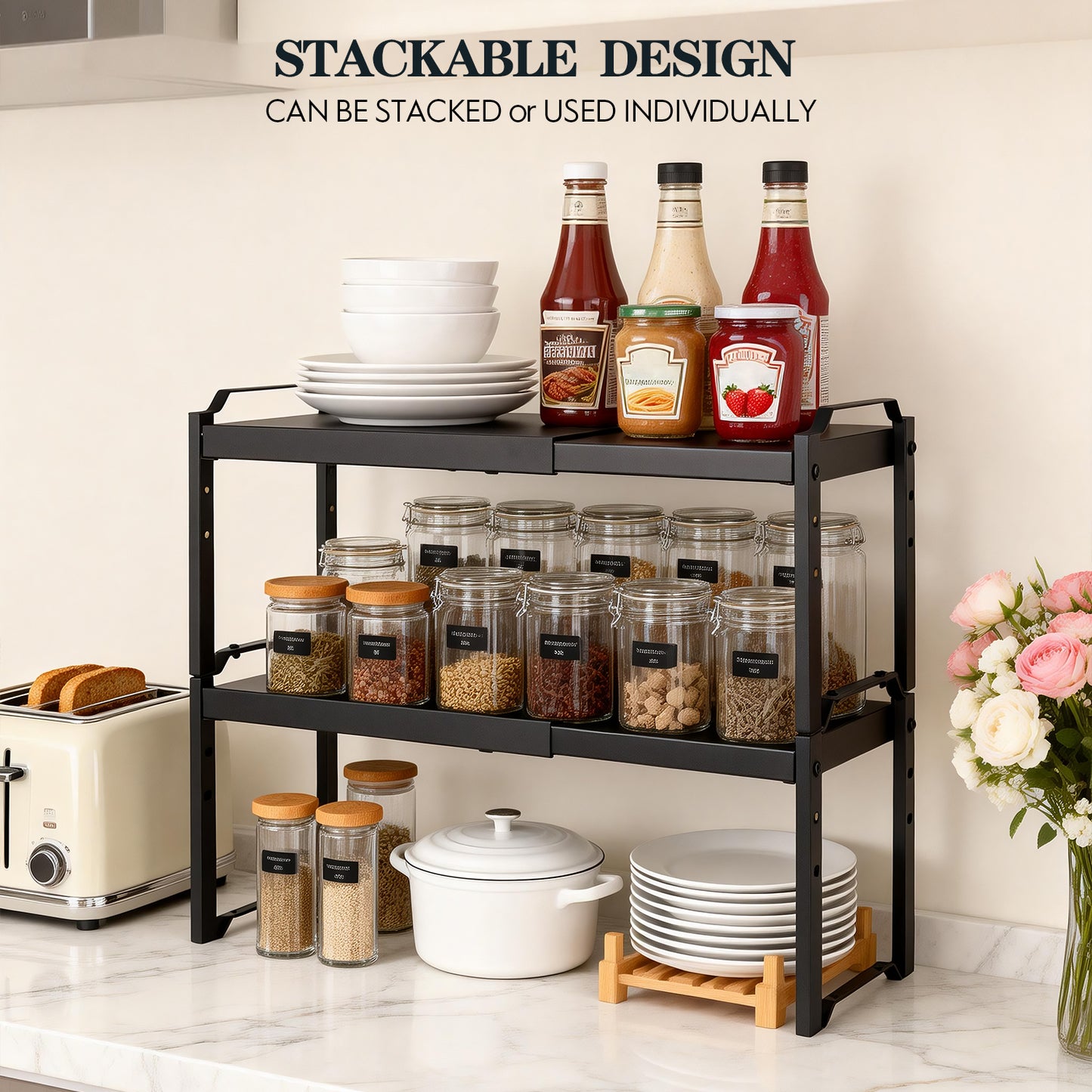 2 Pack Expandable Cabinet Organizer Shelves, Stackable Kitchen Countertop and Pantry Storage, Adjustable Cupboard Shelf Rack, Length 20.5"