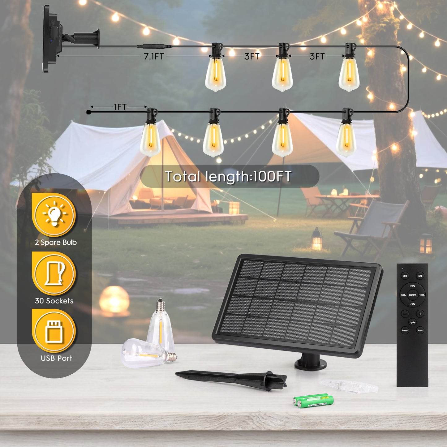 100FT Solar String Lights Outdoor Waterproof, Patio Lights with Remote Control & 30+2 Dimmable ST38 Edison Bulbs Shatterproof,Solar Powered String Lights for Outside Garden Backyard