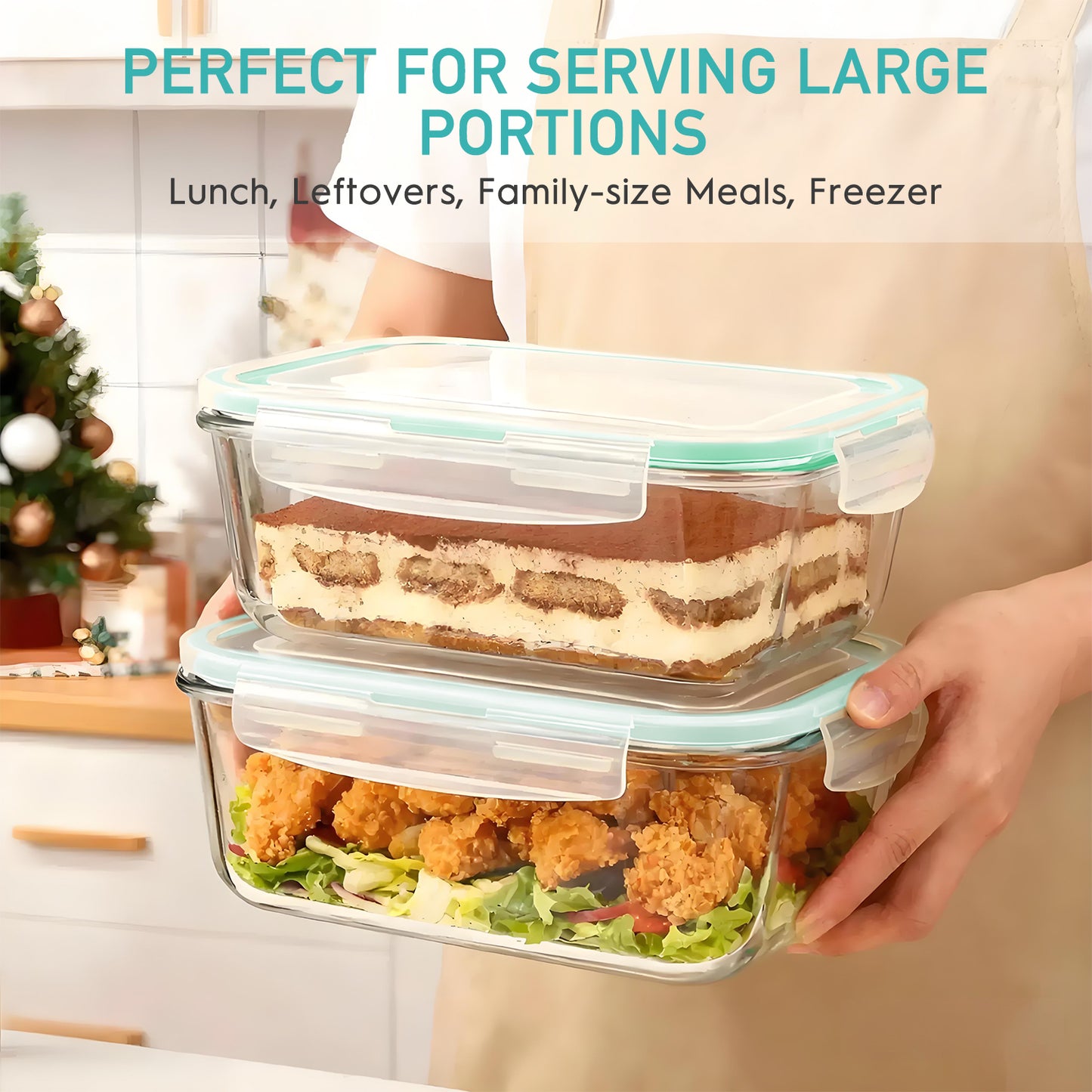 4 Pcs Glass Food Storage Containers Set, 8 Cup/63 Oz Baking Containers with Leak-Proof Lids (2 containers + 2 Lids), Meal Prep, Lunch Box, Light Green