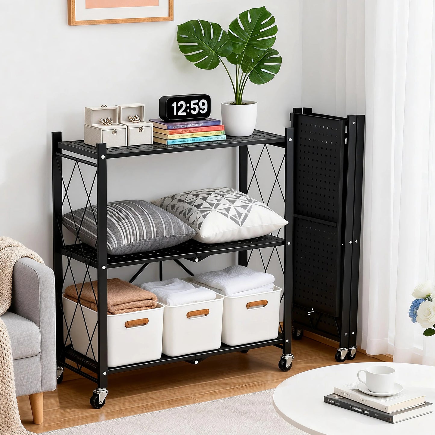 TAIMASI 3-Tier Foldable Metal Storage Shelf with Wheels, Heavy-Duty Rolling Wire Rack for Garage, Kitchen, Basement, Pantry, 27.75''L x 13.38''W x 34.44''H-Black