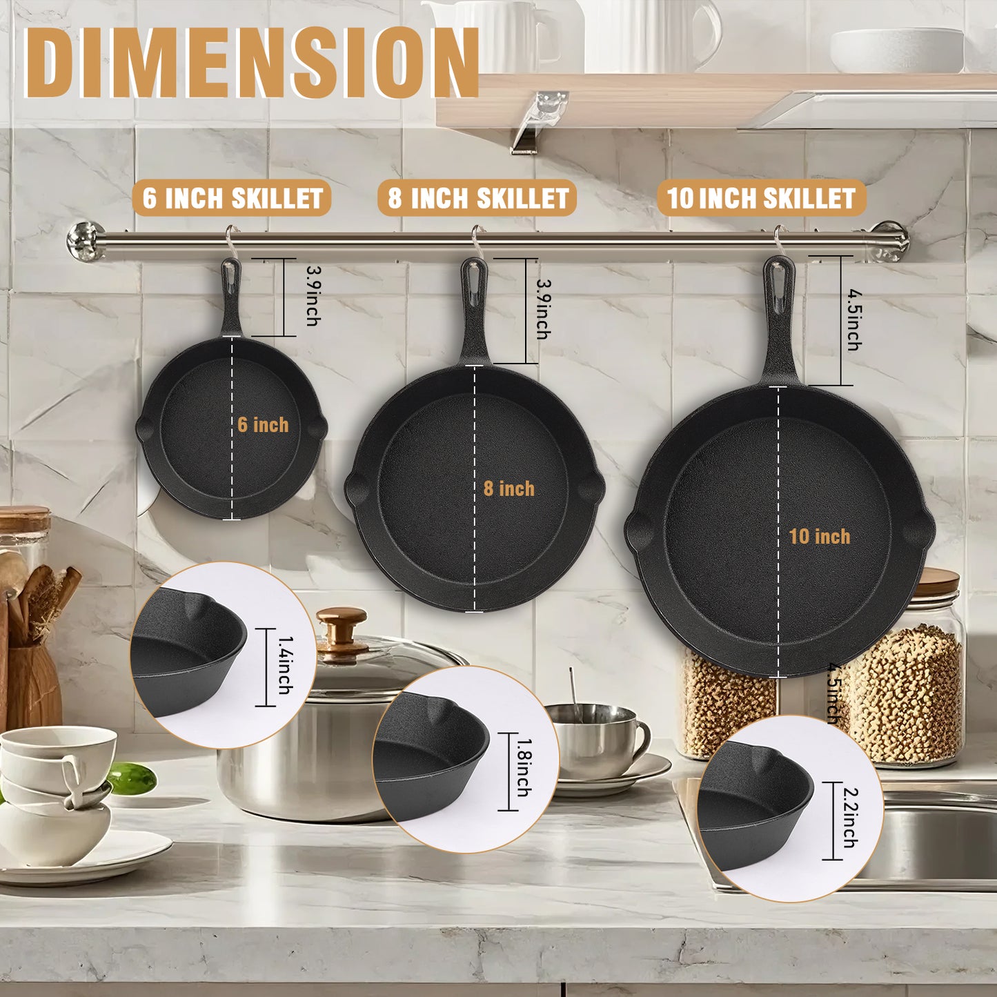 Cast Iron Skillet Set, AOKIWO 3-Piece Pre-Seasoned Pan Cookware Set, 10", 8", 6" Frying Pans with Handles, Heavy-Duty Cookware Set with Non-Stick Surface For Saute, Cooking, Pizza