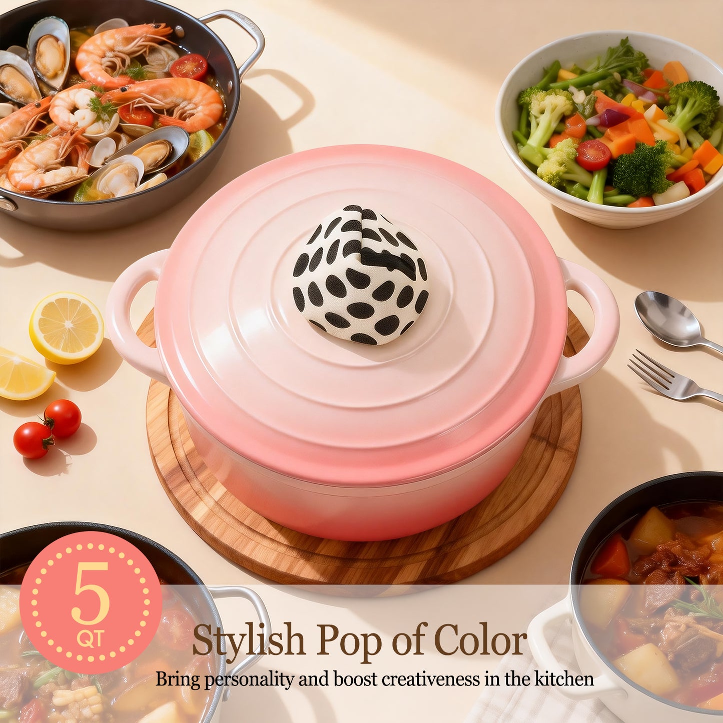 Enameled Cast Iron Dutch Oven, TAIMASI 5QT Dutch Oven Pot with Lid & Cotton Potholders, Heavy-Duty Cookware for Braising, Stews, Roasting, Bread Baking, All Stovetop Compatible (Pink)