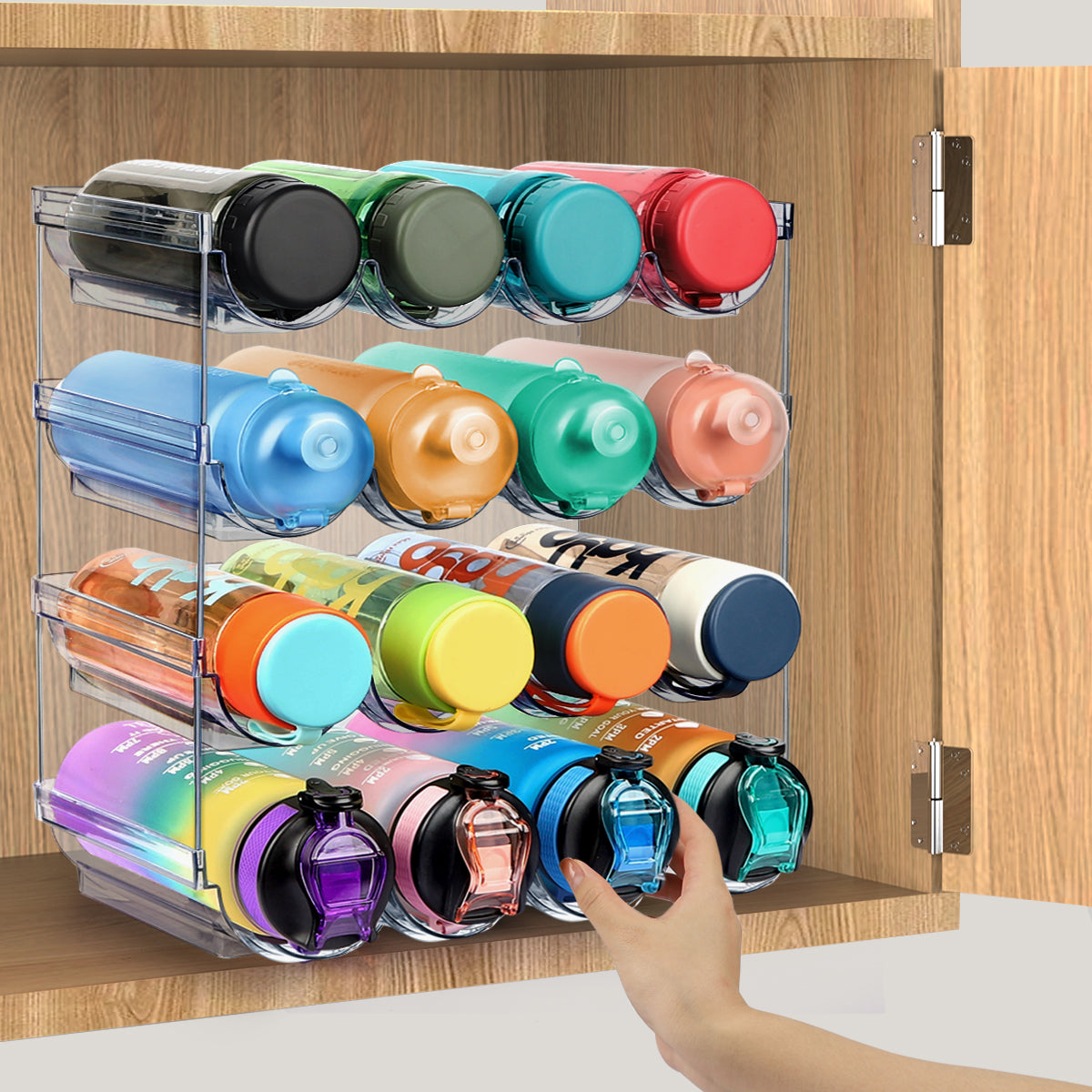 TAIMASI Water Bottle Organizer, 4 Packs Stackable Plastic Water Bottle Cup Holder, Drink/Water Bottle Storage Stand for Kitchen Countertop, Cabinet, Freezer, Pantry