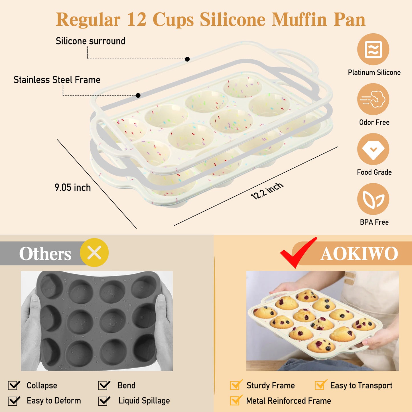 2 PCS Silicone Muffin Pans for Baking, AOKIWO Regular Size Silicone Cupcake Pan, Nonstick 12 Cups Baking Pan Molds for Homemade Muffins, Cupcakes, BPA Free Muffin Tray, Dishwasher Safe