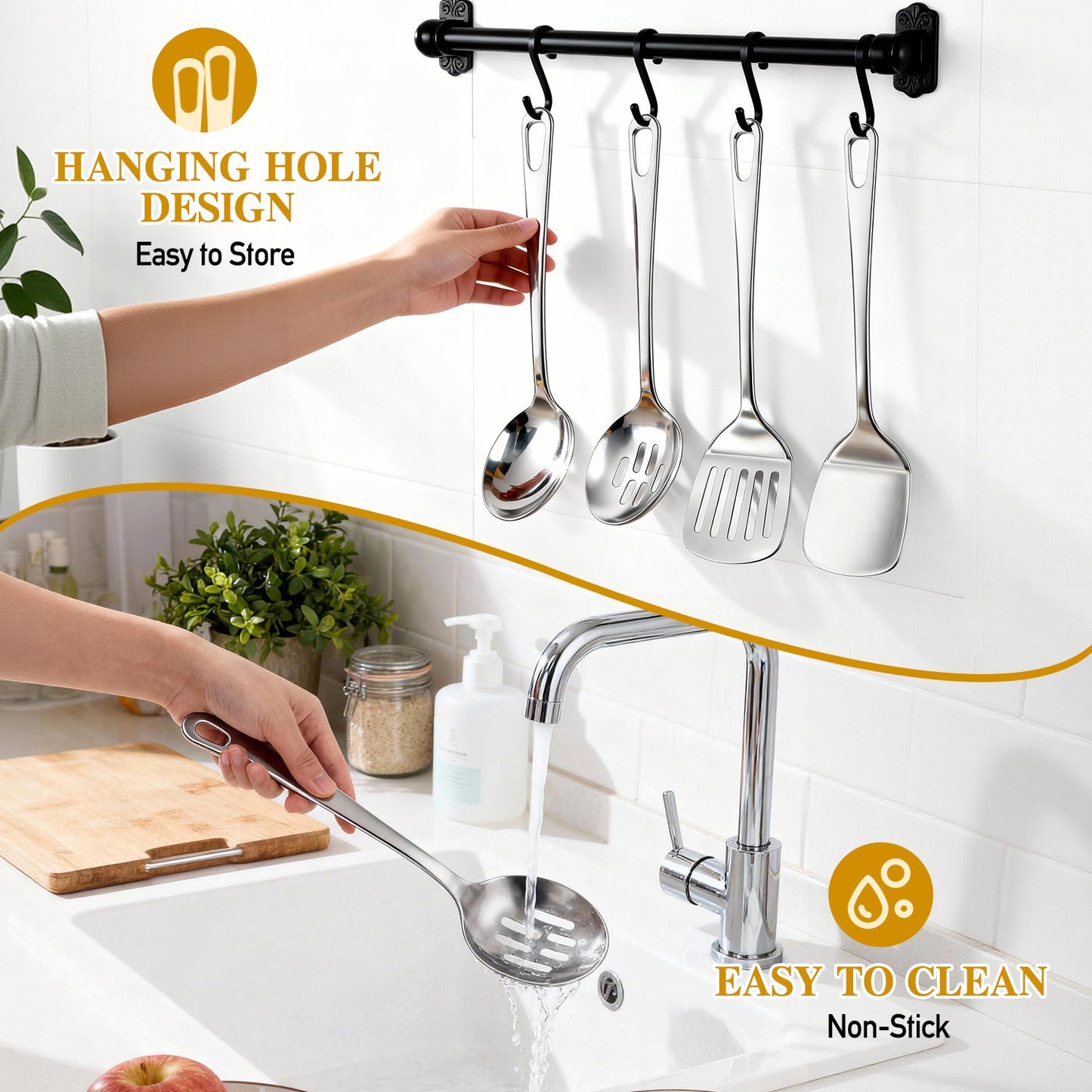 4 Pcs Cooking Utensils Set, TAIMASI Stainless Steel Kitchen Utensils, Kitchen Tools Set Include Solid & Slotted Turner Wok Spatula, Serving Spoon, Home Essentials Kitchen Gadgets Accessories