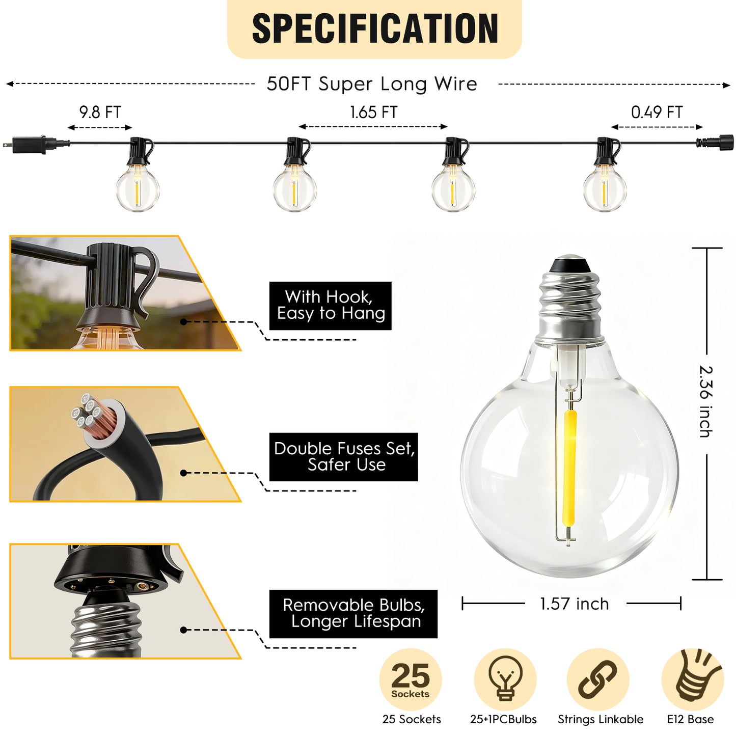Mibote Outdoor String Lights, 50FT 25 G40 Bulbs Shatterproof Patio Lights,Waterproof,Dimmable ,Remote Control for Patio Garden