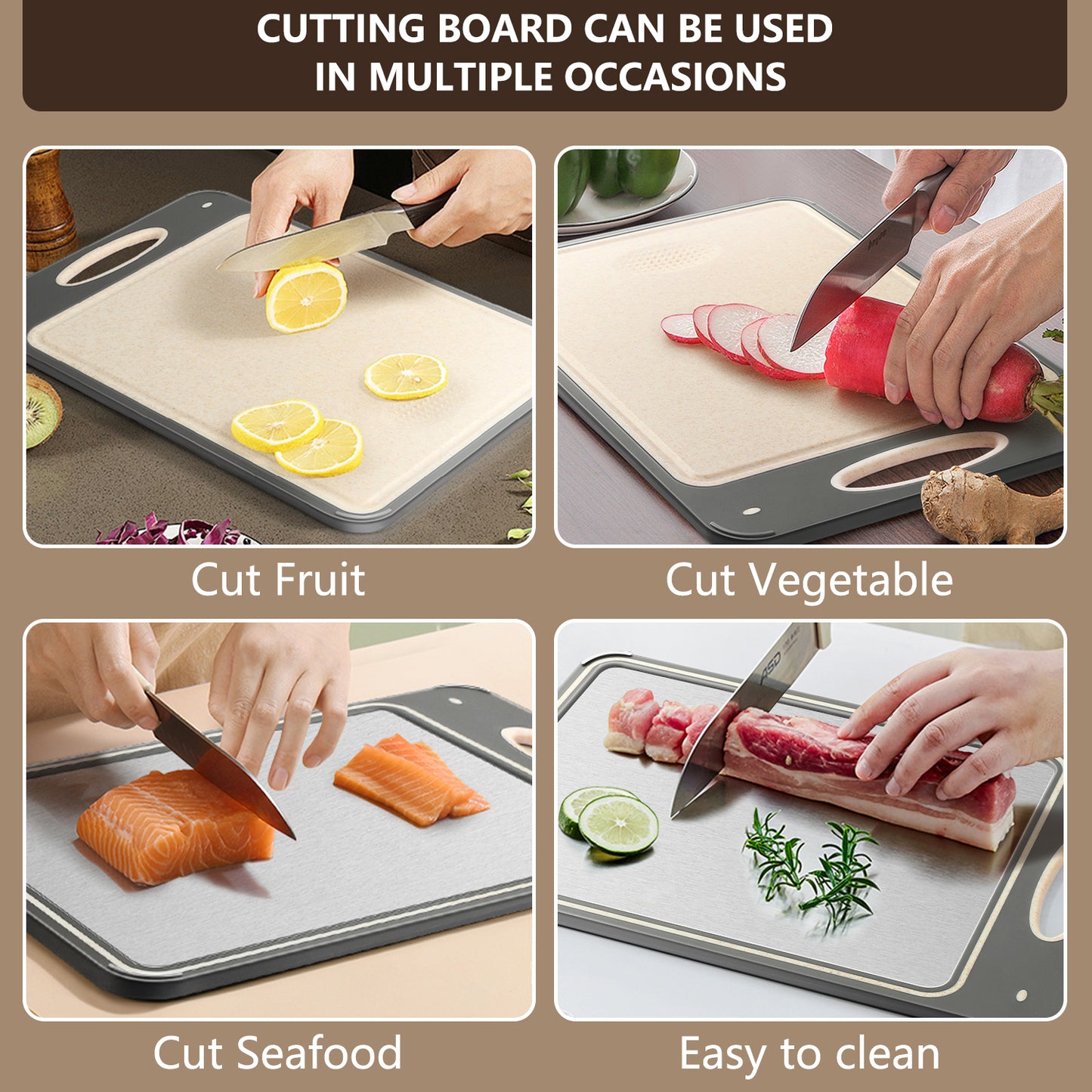 Cutting Board for Kitchen, AOKIWO Double Sided 304 Stainless Steel & Wheat Straw Chopping Board, Small 14'' ×9.6'' Non Toxic Cutting Boards for Meat Vegetables, Easy to Clean