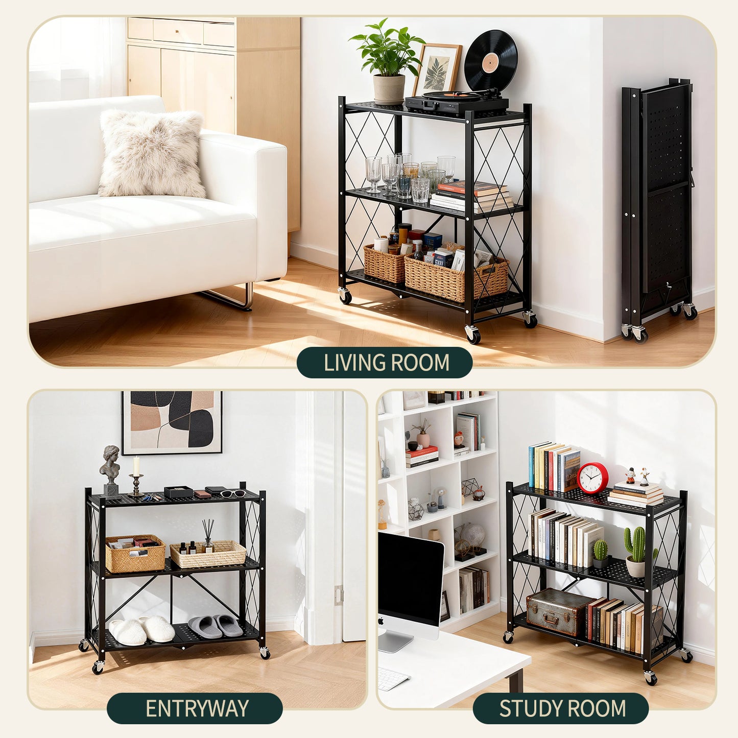 TAIMASI 3-Tier Foldable Metal Storage Shelf with Wheels, Heavy-Duty Rolling Wire Rack for Garage, Kitchen, Basement, Pantry, 27.75''L x 13.38''W x 34.44''H-Black