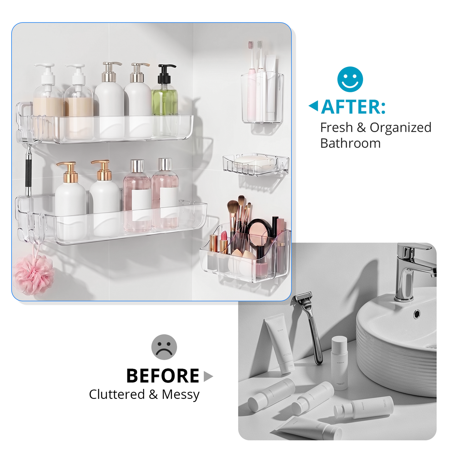 5 Pack Adhesive Shower Caddy, Clear Bathroom Organizers and Storage, Shower Organizer for Adhesive Wall Shelf, No Drill Wall Mounted Shower Shelves with Drainage Holes for Shampoo, Toiletries, Makeup
