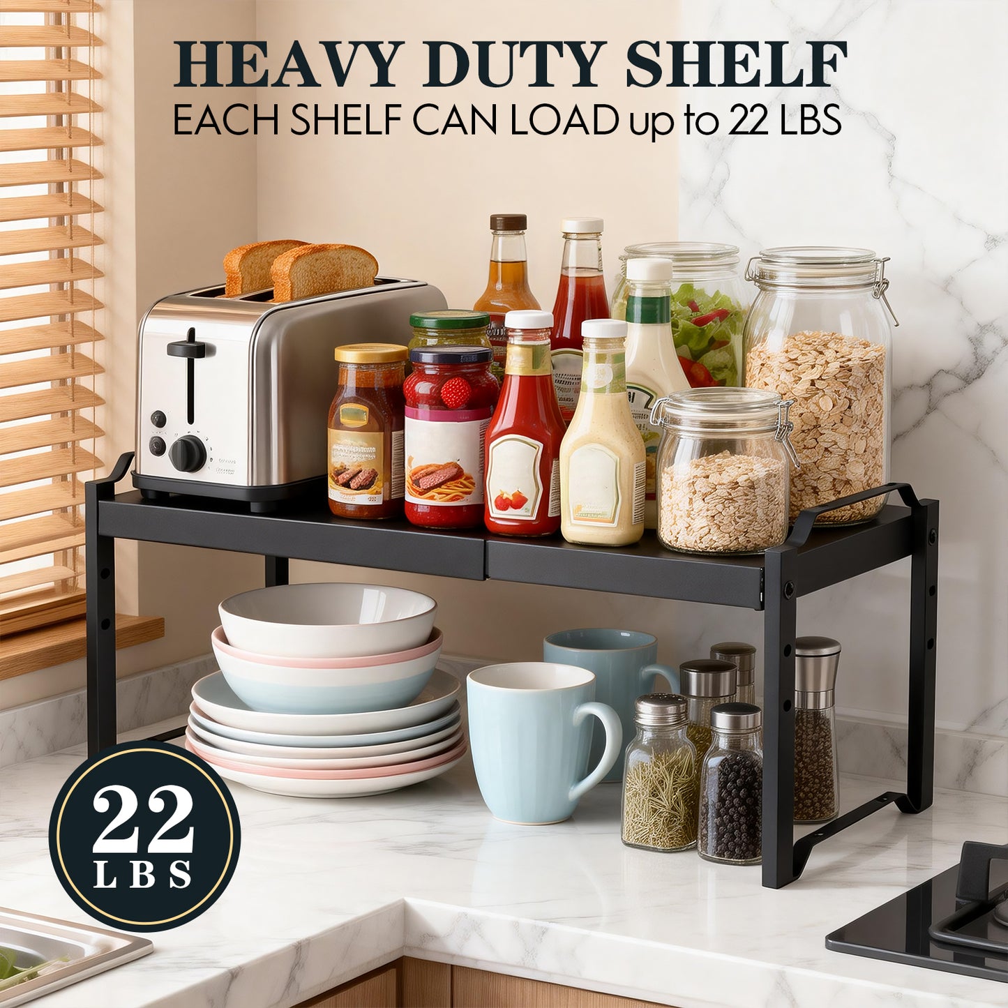 2 Pack Expandable Cabinet Organizer Shelves, Stackable Kitchen Countertop and Pantry Storage, Adjustable Cupboard Shelf Rack, Length 20.5"