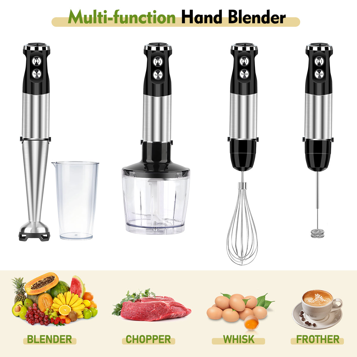 Immersion Blender Handheld Blender, AOKIWO 5 in 1 Corded Stick Hand Blenders for Kitchen with 12 Speed Control, Blender with Whisk, Frother for Smoothies, Soup, Puree