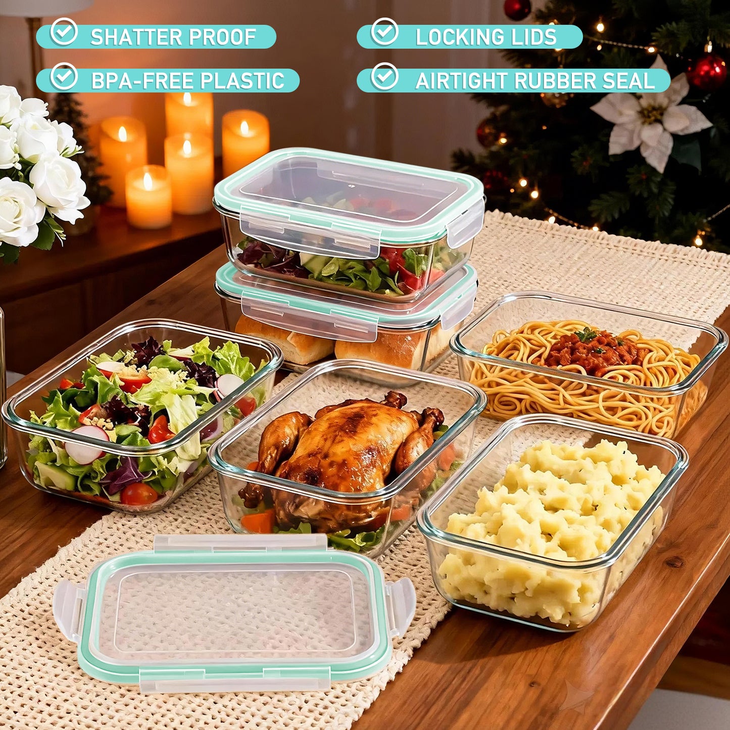 4 Pcs Glass Food Storage Containers Set, 8 Cup/63 Oz Baking Containers with Leak-Proof Lids (2 containers + 2 Lids), Meal Prep, Lunch Box, Light Green