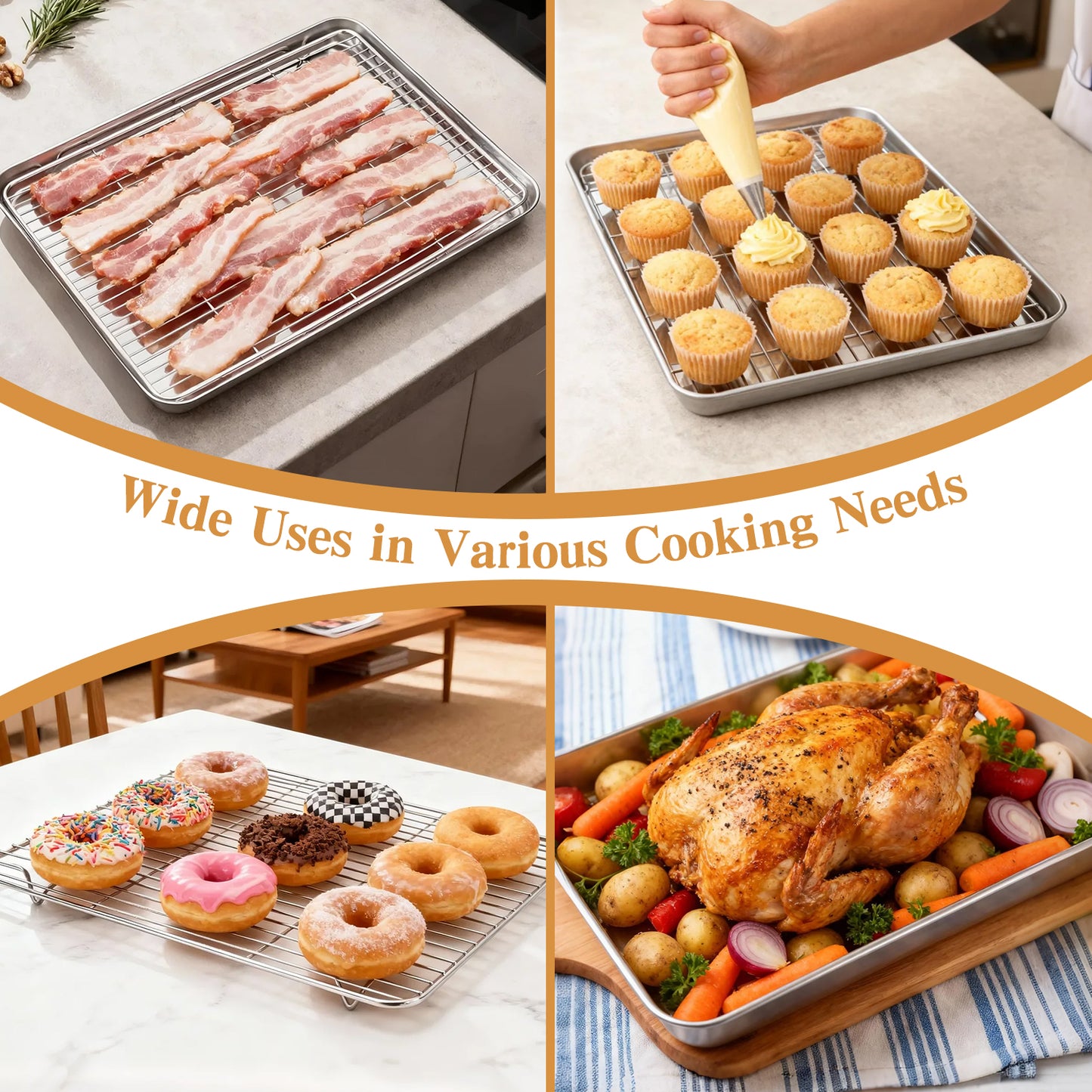 AOKIWO Baking Sheet with Rack Set (2 Pans + 2 Racks), Stainless Steel Baking Pan Cookie Sheet with Cooling Rack, Air Fryer Basket for Baking Grilling Frying
