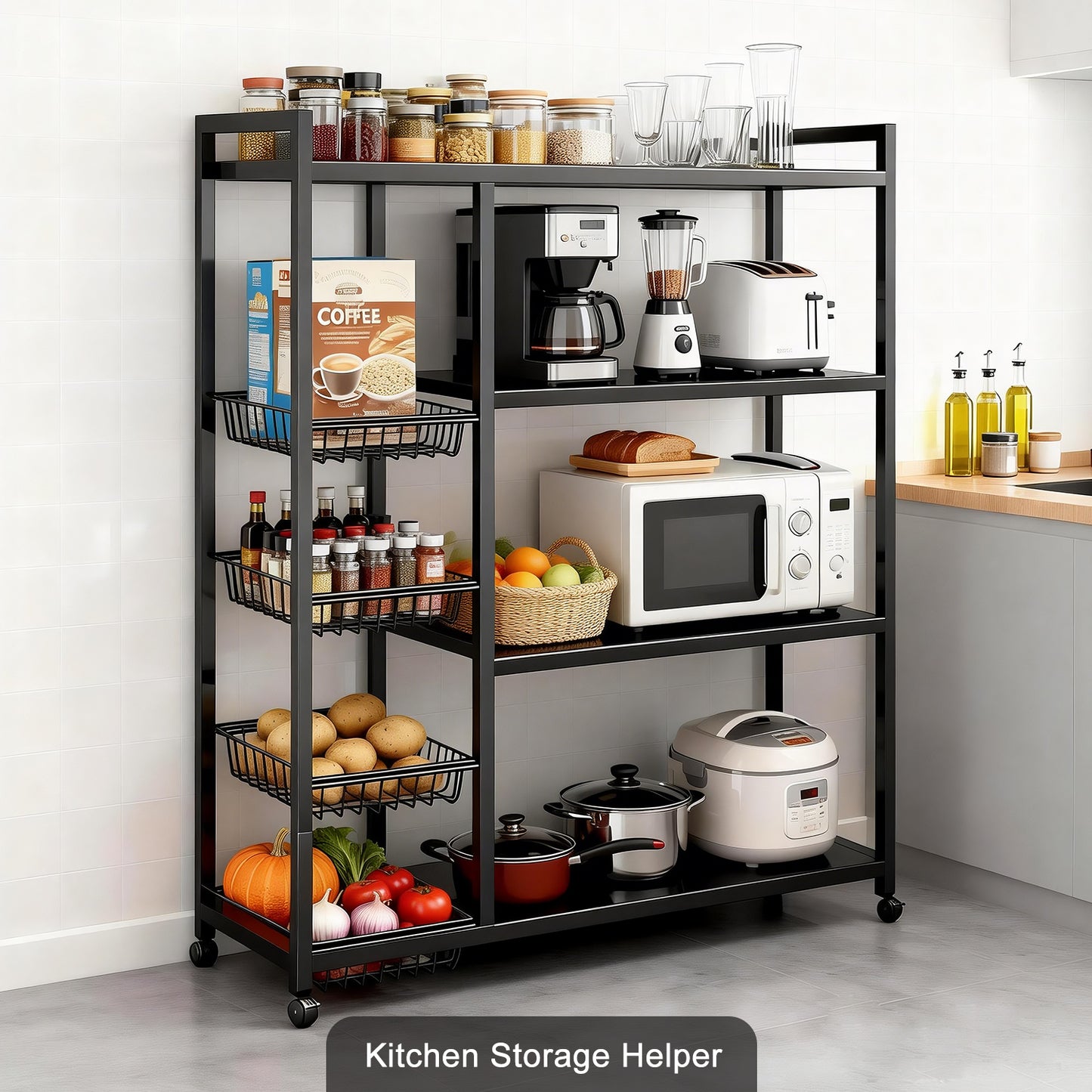 Movable Wire Rack, Heavy-Duty 4-Tier Storage Shelf with 4 Baskets and Wheels, Metal Shelves Organizer for Kitchen, Bathroom, Office, Garage, 39.37''L*12.59''W*53.14''H