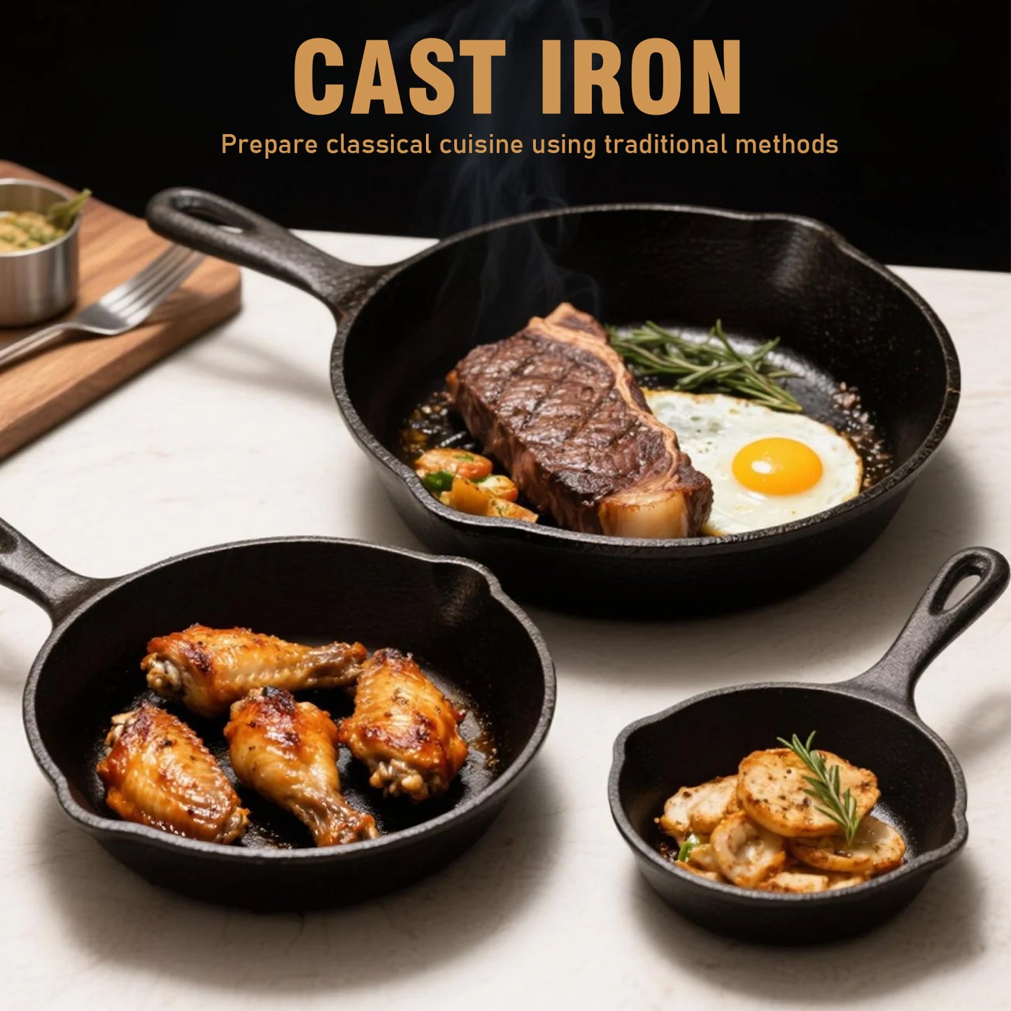 Cast Iron Skillet Set, AOKIWO 3-Piece Pre-Seasoned Pan Cookware Set, 10", 8", 6" Frying Pans with Handles, Heavy-Duty Cookware Set with Non-Stick Surface For Saute, Cooking, Pizza