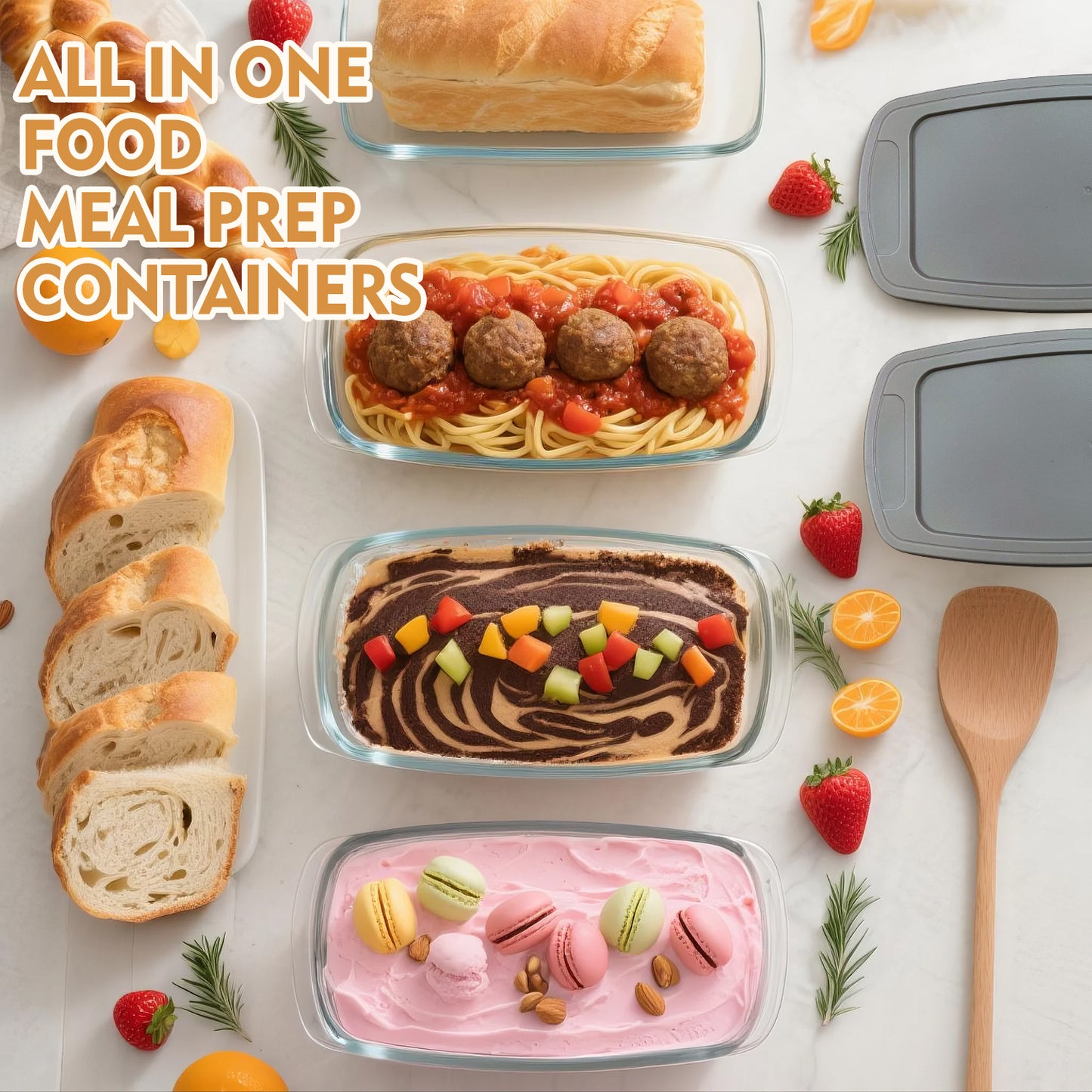 2 Pack Glass Loaf Pan Set with Lids - 1.9 Qt/1800 ML Stackable Glass Bread Baking Dishes, Airtight Meal Prep Food Storage Containers, Oven & Microwave Safe, Dishwasher Safe, Grey