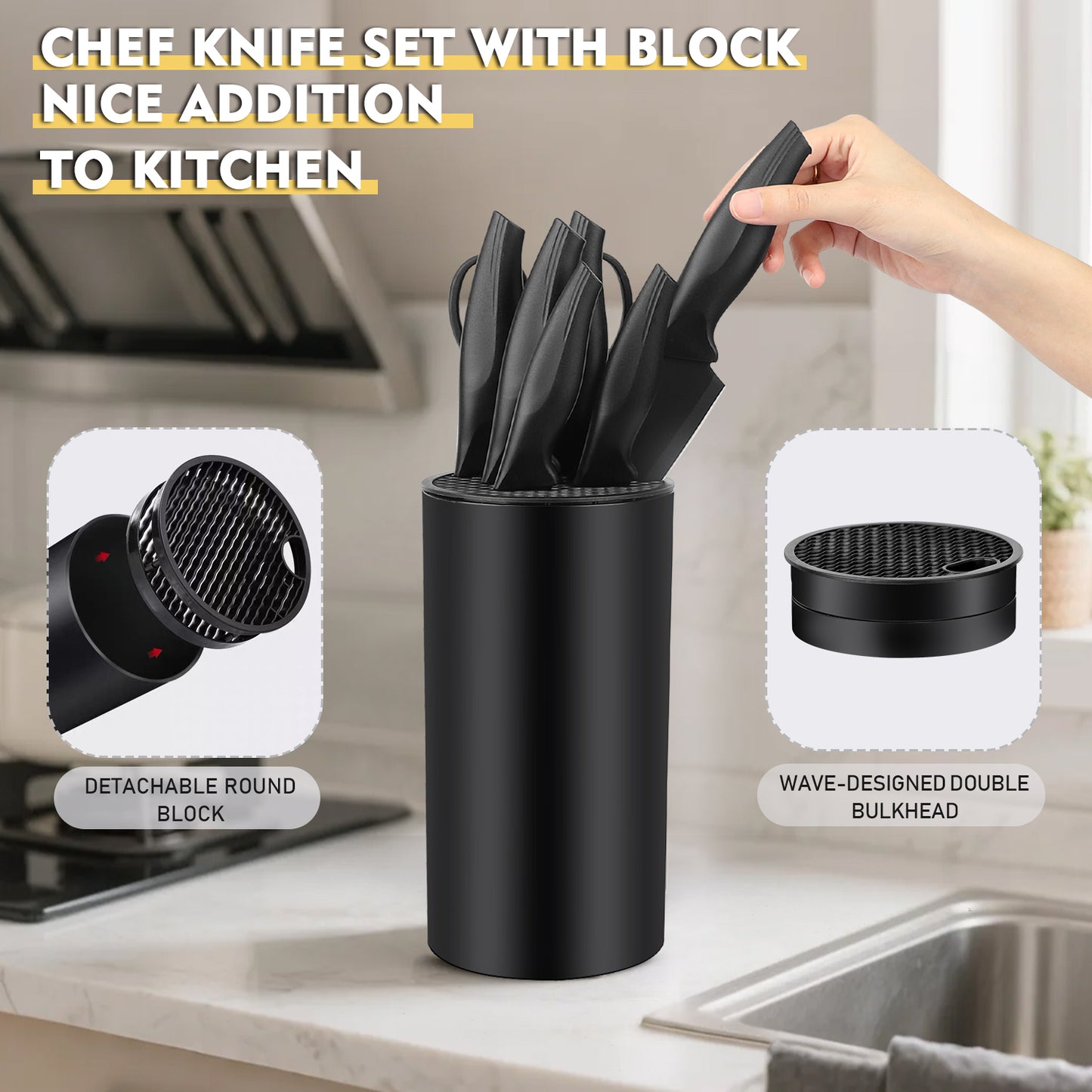 8-Piece Knife Set, AOKIWO Stainless Steel Professional Kitchen Knife Set for Chef, Kitchen Knives Set with Block, Dishwasher Safe (Black)