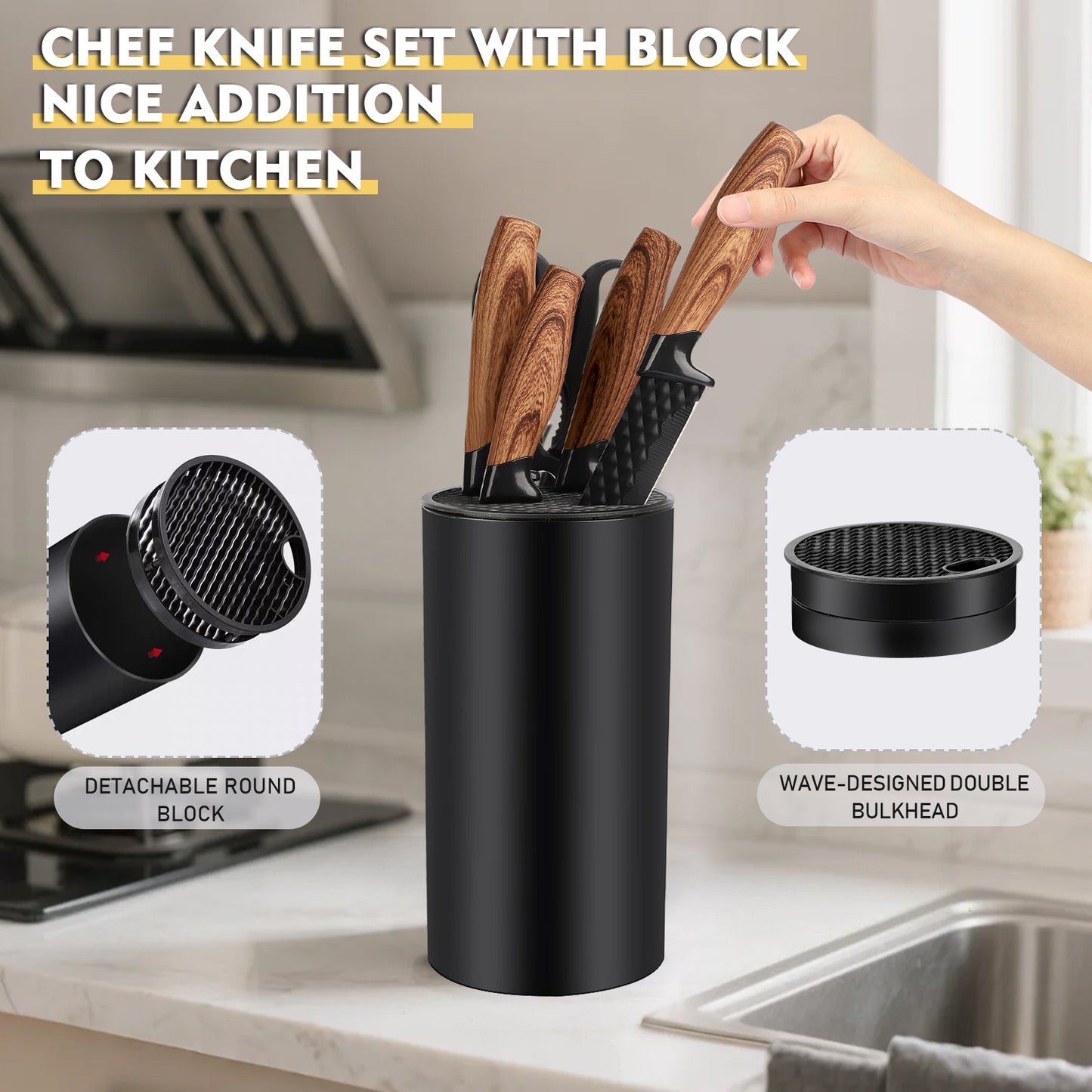 Knife Set, AOKIWO 8-Piece Kitchen Knife Set for Chef, Anti-Rust Non-stick Stainless Steel Sharp Chef Knife Set with Block, Dishwasher Safe (Charcoal)