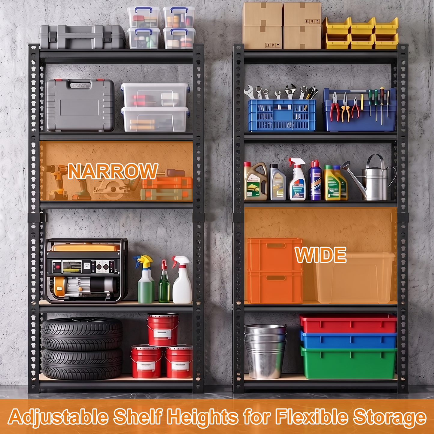 2400LBS Storage Shelves 5 Tier Garage Shelving Heavy Duty Adjustable Garage Shelves, Utility Rack Shelf, Shelving Units for Storage Warehouse Pantry Closet, 35.5" W x 11.9" D x 72" H, Black