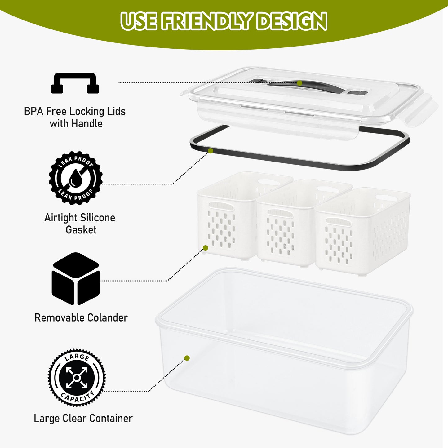 2 Pack Fruit Storage Containers for Fridge, Leakproof Fruit Containers for Fridge with Colanders, BPA-Free Produce Storage Containers with Lids Keep Fruits, Vegetables, Berry, Meat Fresh Longer