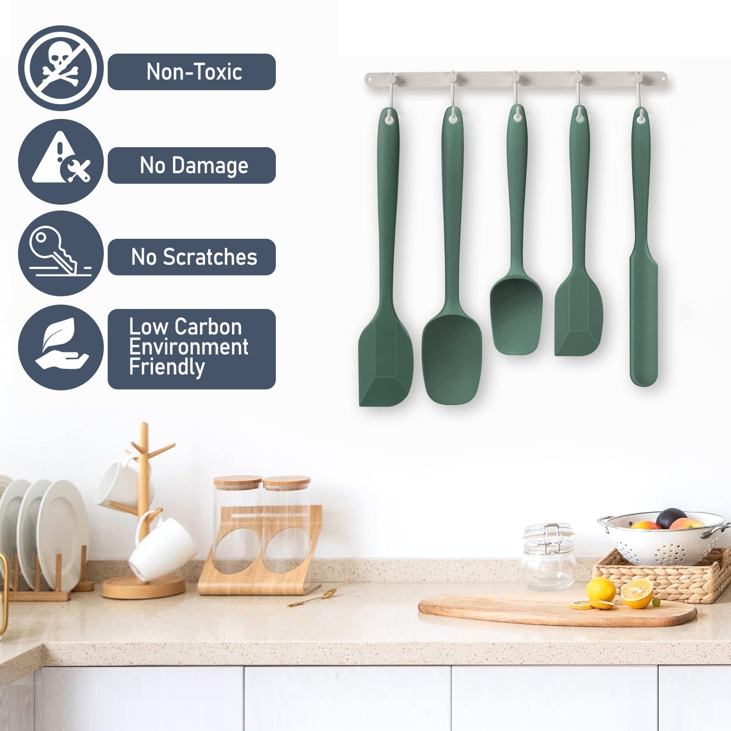 Food Grade Silicone Rubber Spatula Set, TAIMASI O 5 Pcs Kithen Cooking Mixing Utensil Set, BPA-Free High Heat Resistant Non Stick Dishwasher-Green