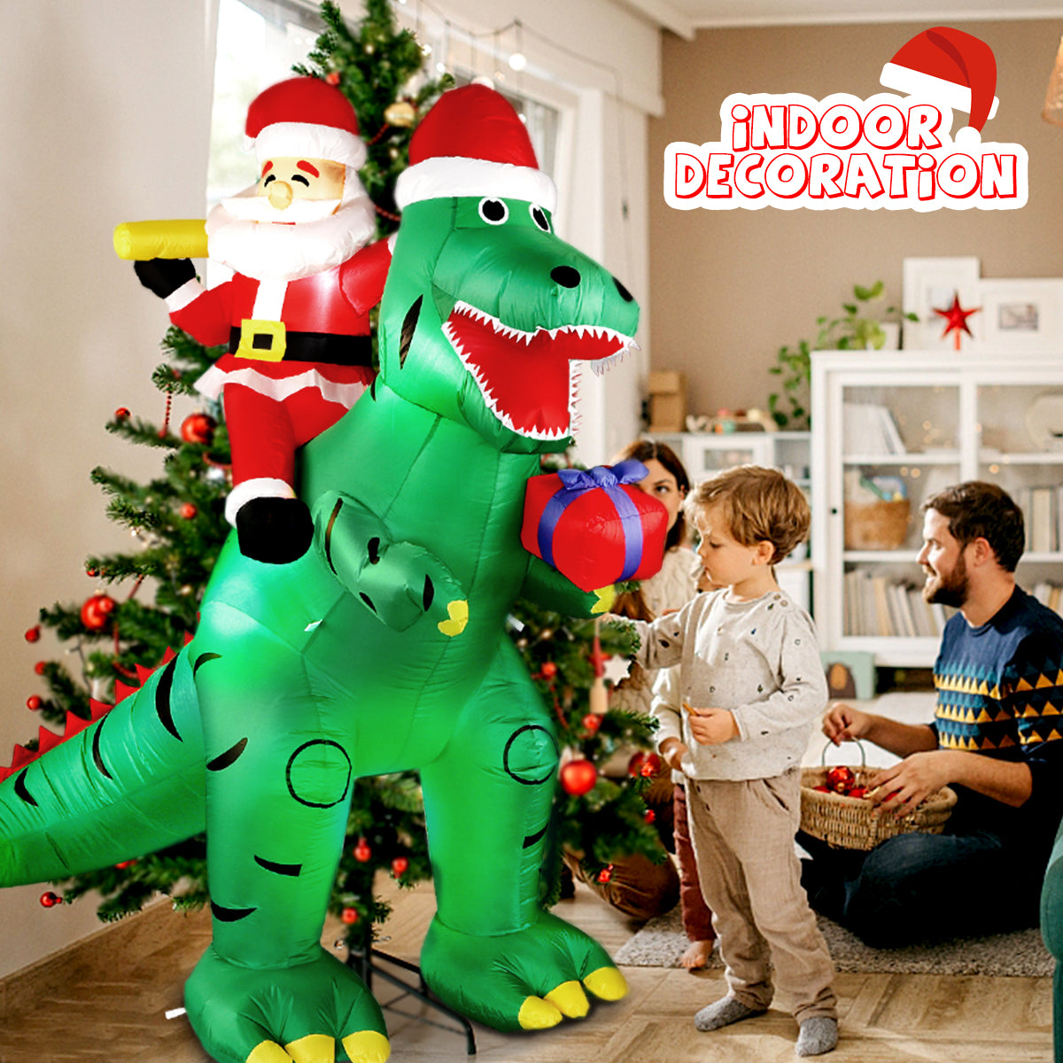 7FT Christmas Inflatable Decorations Clearance, Giant Xmas Santa Dinosaur Blow Up LED Light Up Indoor Outdoor Yard Decorations with Gift Box, Holiday Xmas Party Patio Garden Lawn New Year Kids Gifts