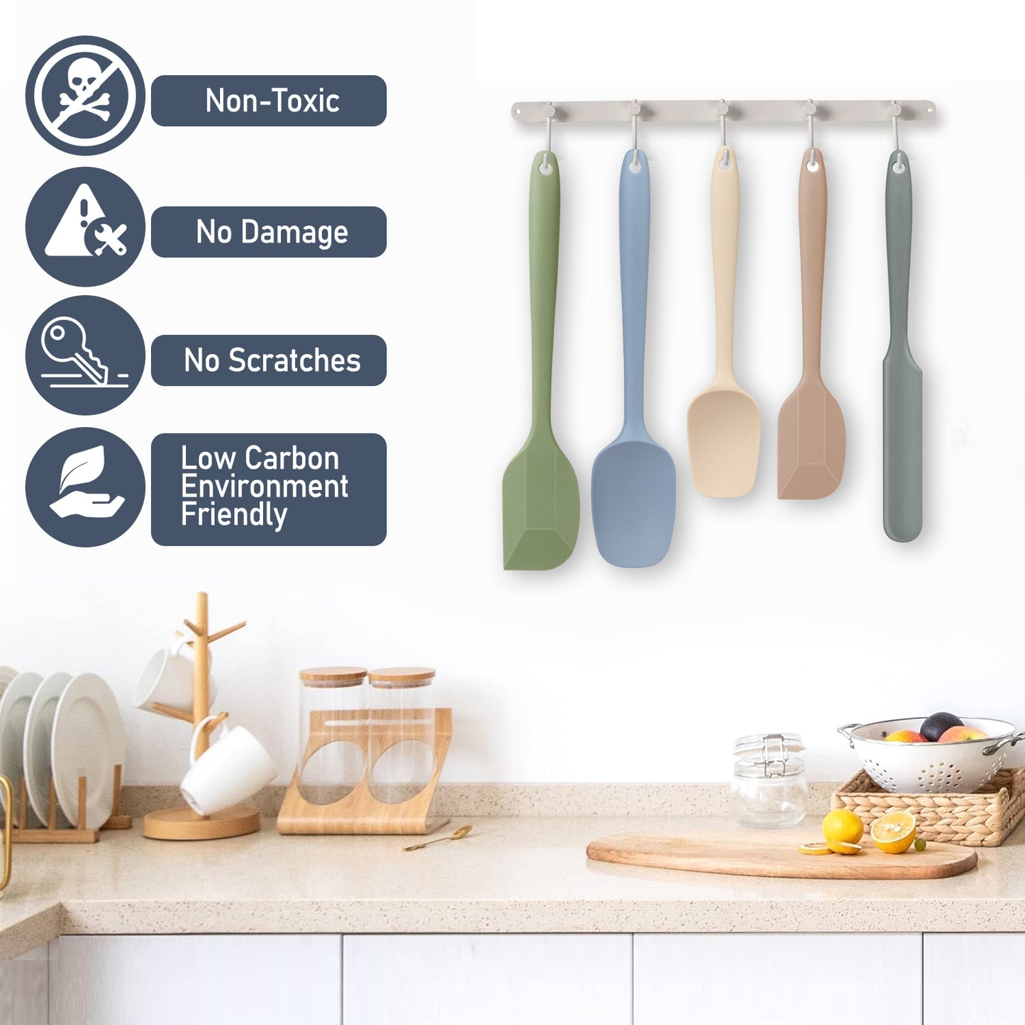 Food Grade Silicone Rubber Spatula Set, TAIMASI 5 Pcs Kithen Cooking Mixing Utensil Set, BPA-Free High Heat Resistant Non Stick Dishwasher-Light color