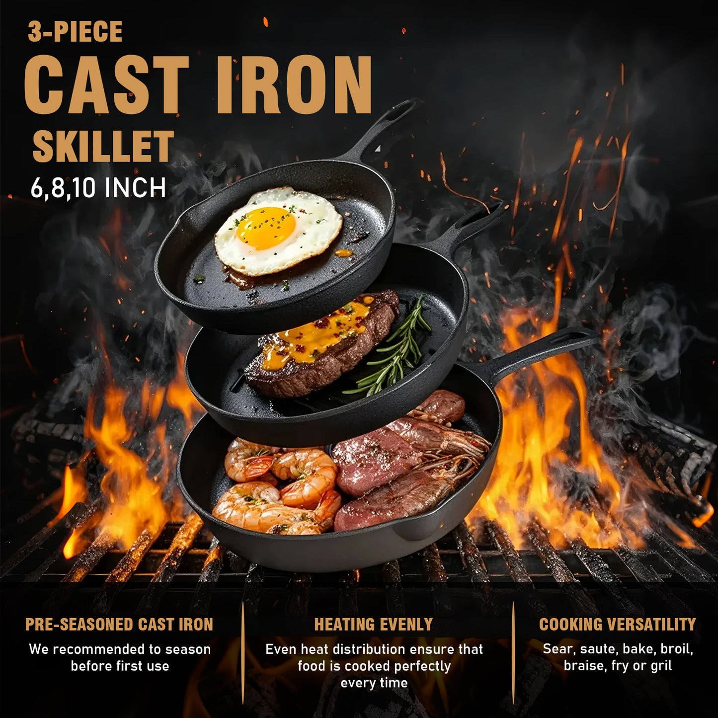 Cast Iron Skillet Set, AOKIWO 3-Piece Pre-Seasoned Pan Cookware Set, 10", 8", 6" Frying Pans with Handles, Heavy-Duty Cookware Set with Non-Stick Surface For Saute, Cooking, Pizza