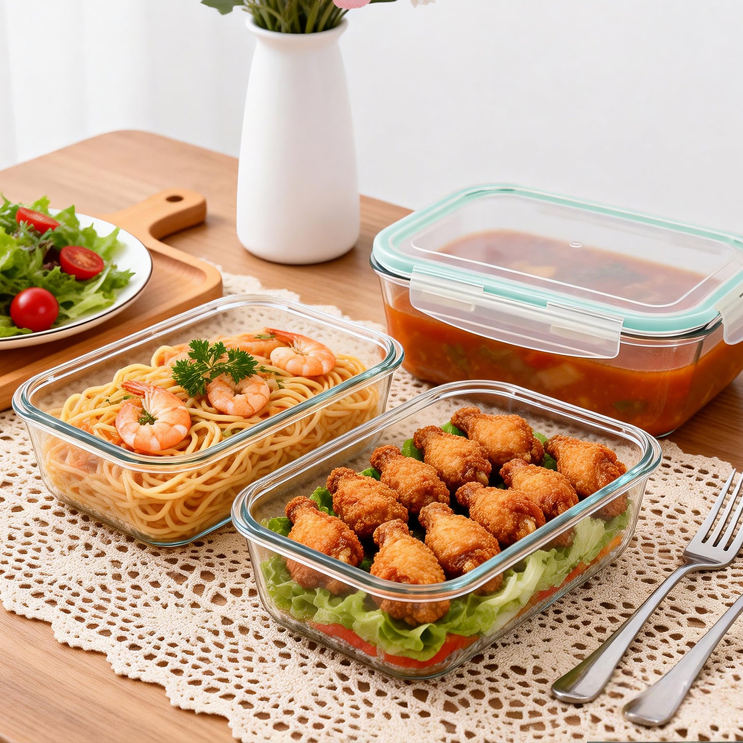 4 Pcs Glass Food Storage Containers Set, 8 Cup/63 Oz Baking Containers with Leak-Proof Lids (2 containers + 2 Lids), Meal Prep, Lunch Box, Light Green