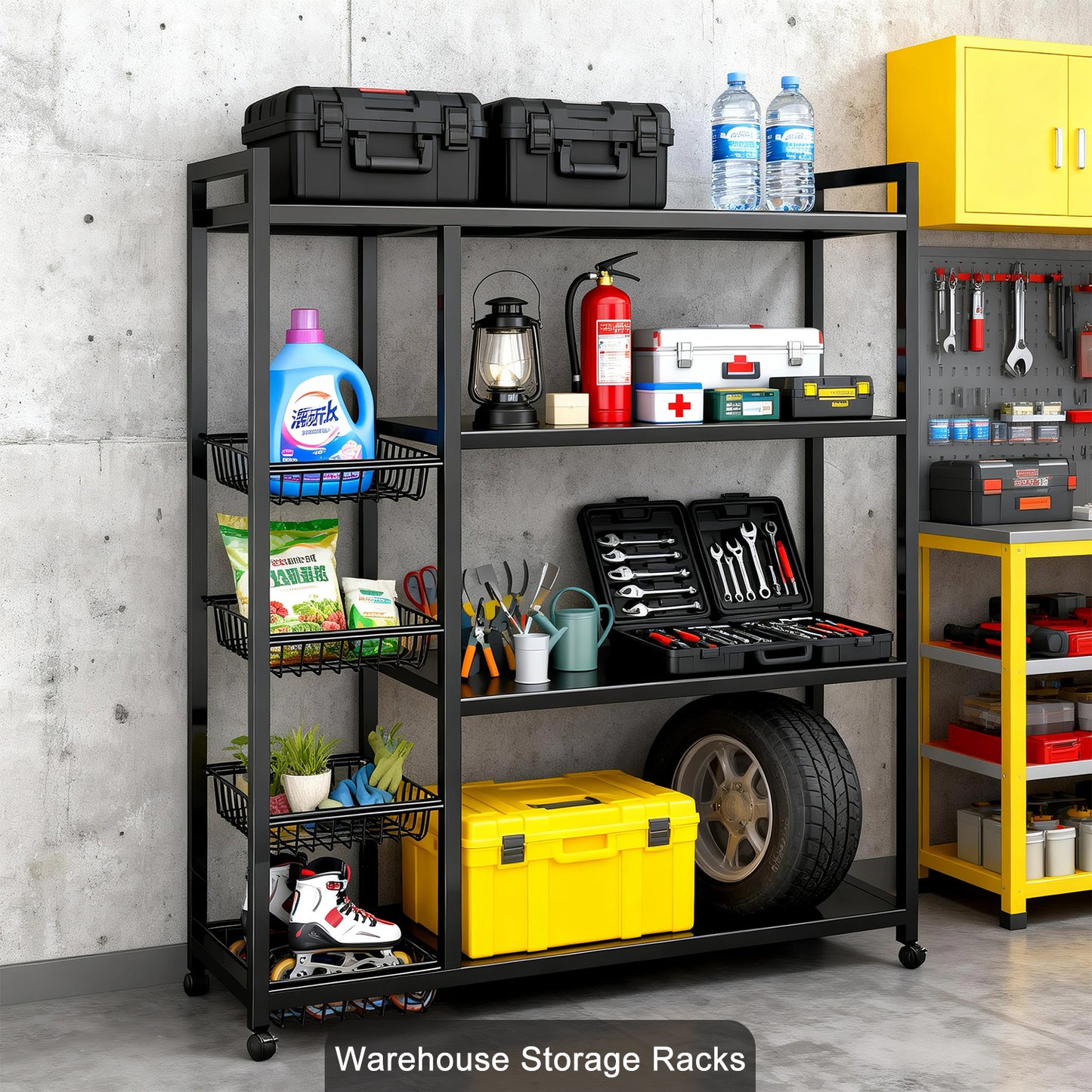 Movable Wire Rack, Heavy-Duty 4-Tier Storage Shelf with 4 Baskets and Wheels, Metal Shelves Organizer for Kitchen, Bathroom, Office, Garage, 39.37''L*12.59''W*53.14''H