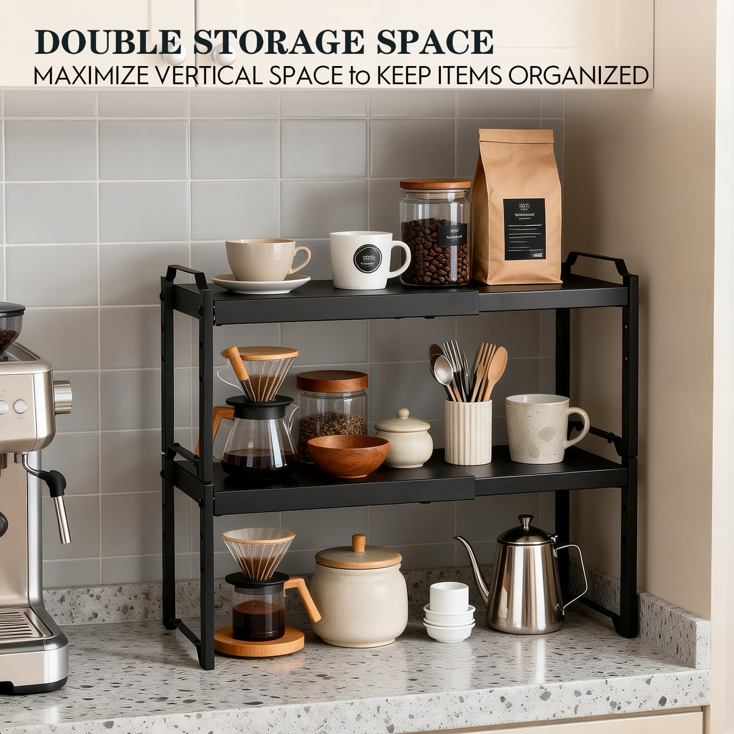 2 Pack Expandable Cabinet Organizer Shelves, Stackable Kitchen Countertop and Pantry Storage, Adjustable Cupboard Shelf Rack, Length 20.5"