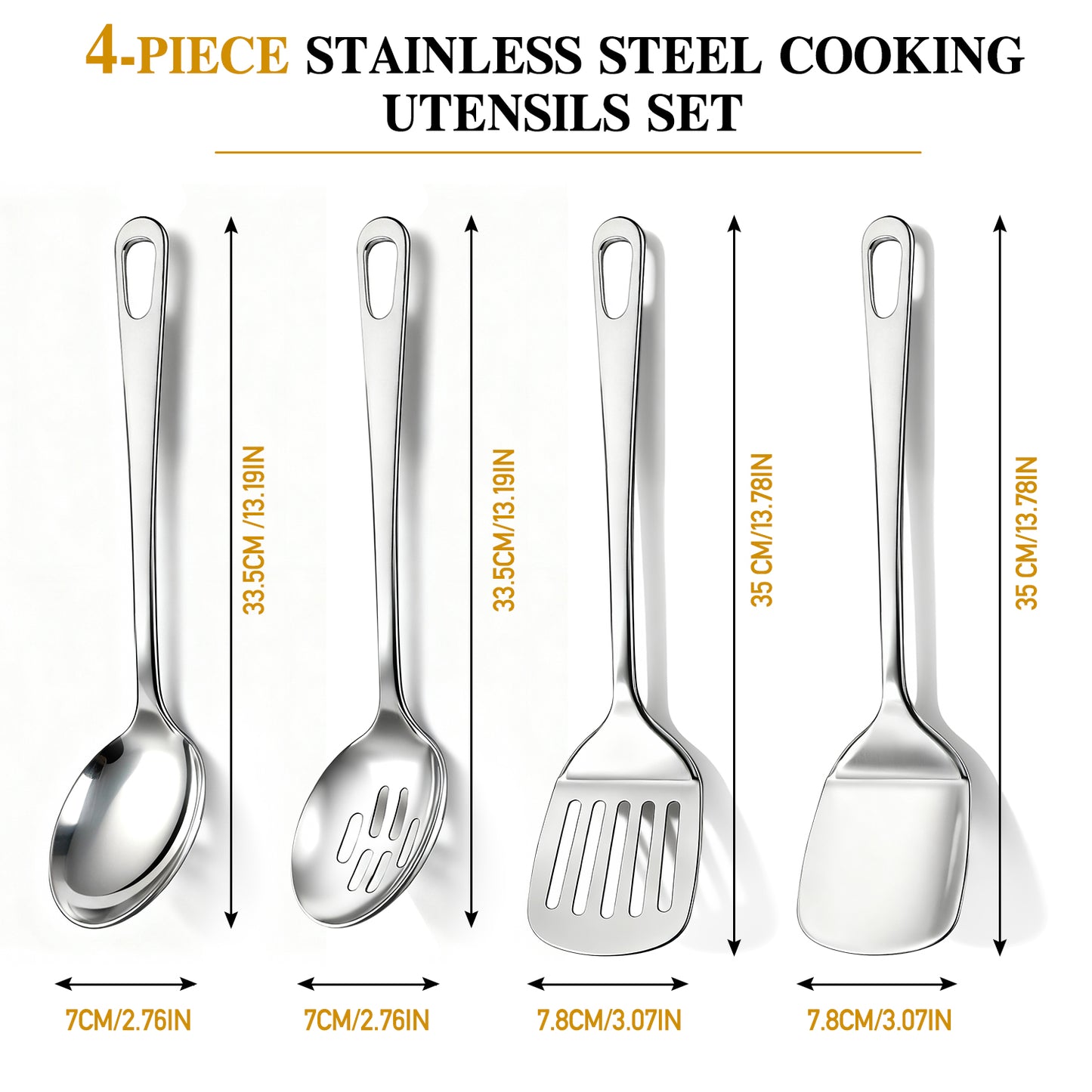 4 Pcs Cooking Utensils Set, TAIMASI Stainless Steel Kitchen Utensils, Kitchen Tools Set Include Solid & Slotted Turner Wok Spatula, Serving Spoon, Home Essentials Kitchen Gadgets Accessories