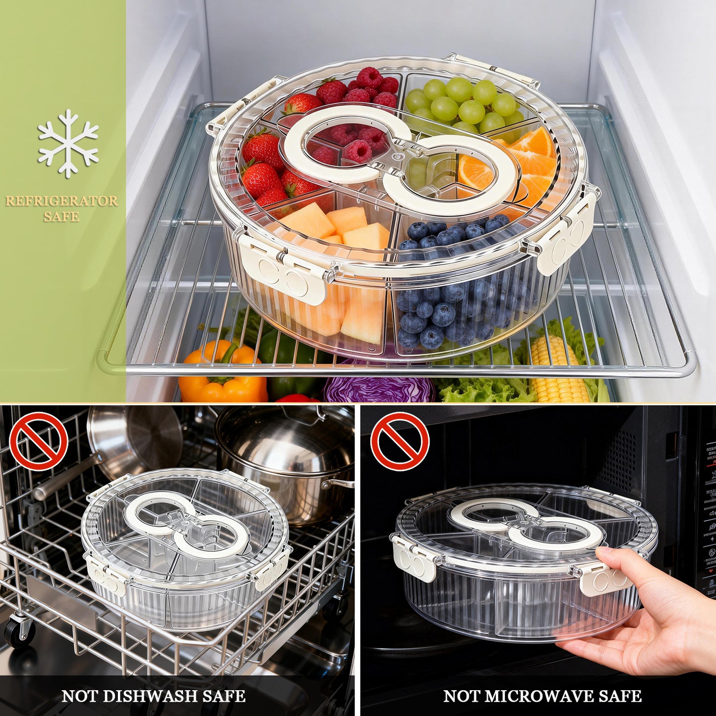 Snackle Box Container with Lid, Handle, Stackable Divided Serving Tray for Fruits Candy Organizer, Portable Spinning Rounded Veggie Tray for Kitchen, Party, Travel and Picnic, Clear