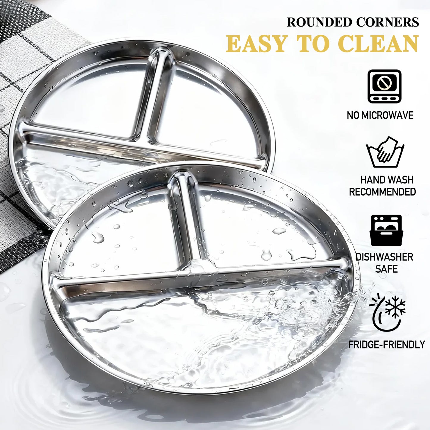 6 Pcs Stainless Steel Divided Plates, TAIMASI 9" Portion Control Divided Metal Plate with 3 Sections, Reusable Plates Round Sectioned Plate for Kids Adults Lunch, Picnic